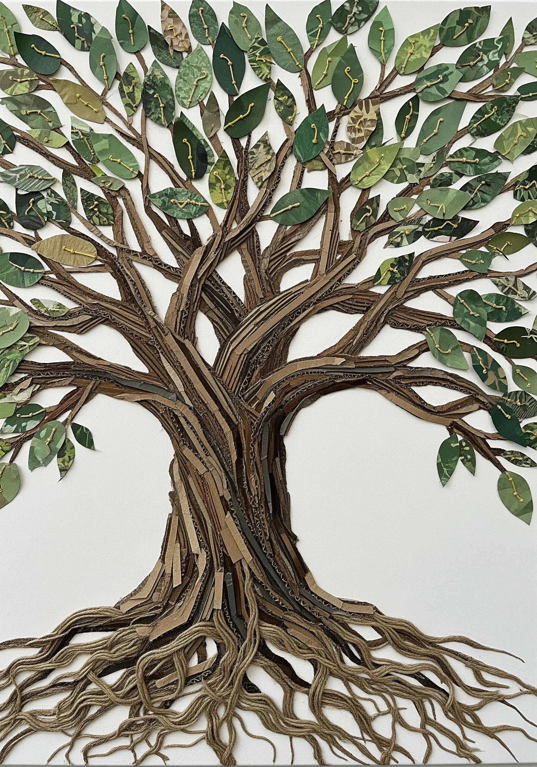 A large tree made from layered and torn corrugated cardboard with minimal stitched details on the leaves.