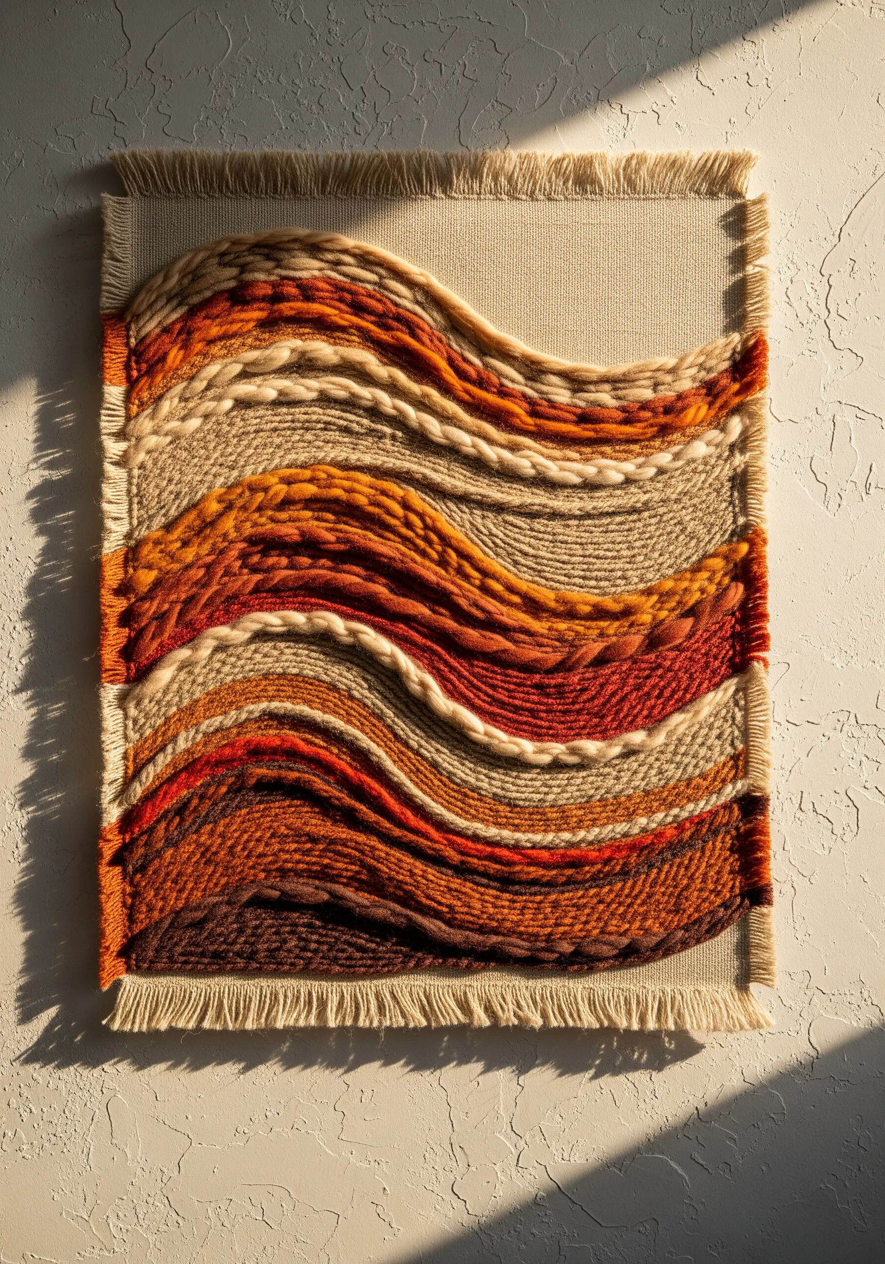 High-relief fiber art with layered wool roving in earthy orange and beige tones.