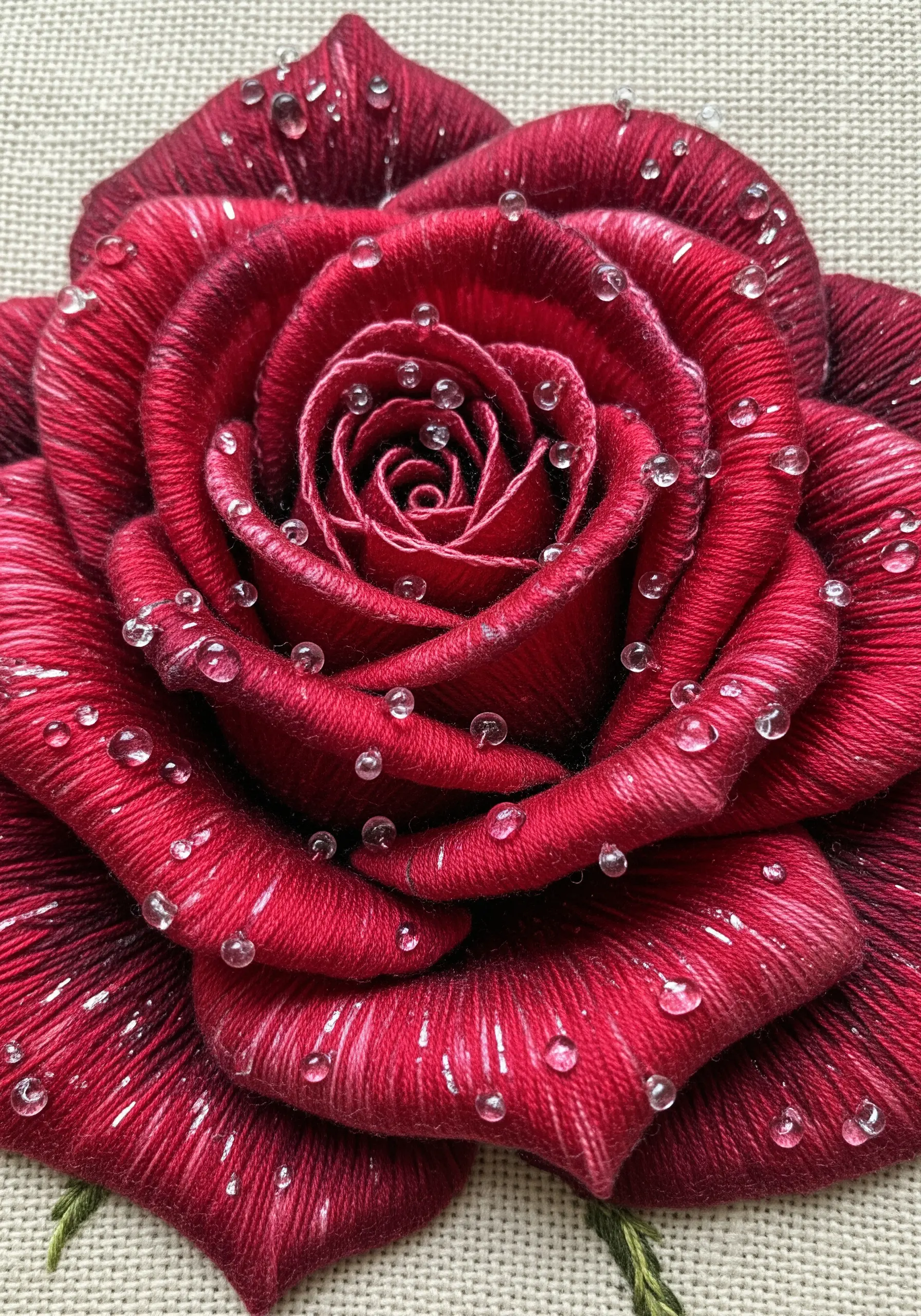 Hyper-realistic red rose embroidery with thread painting and clear bead dew drops.