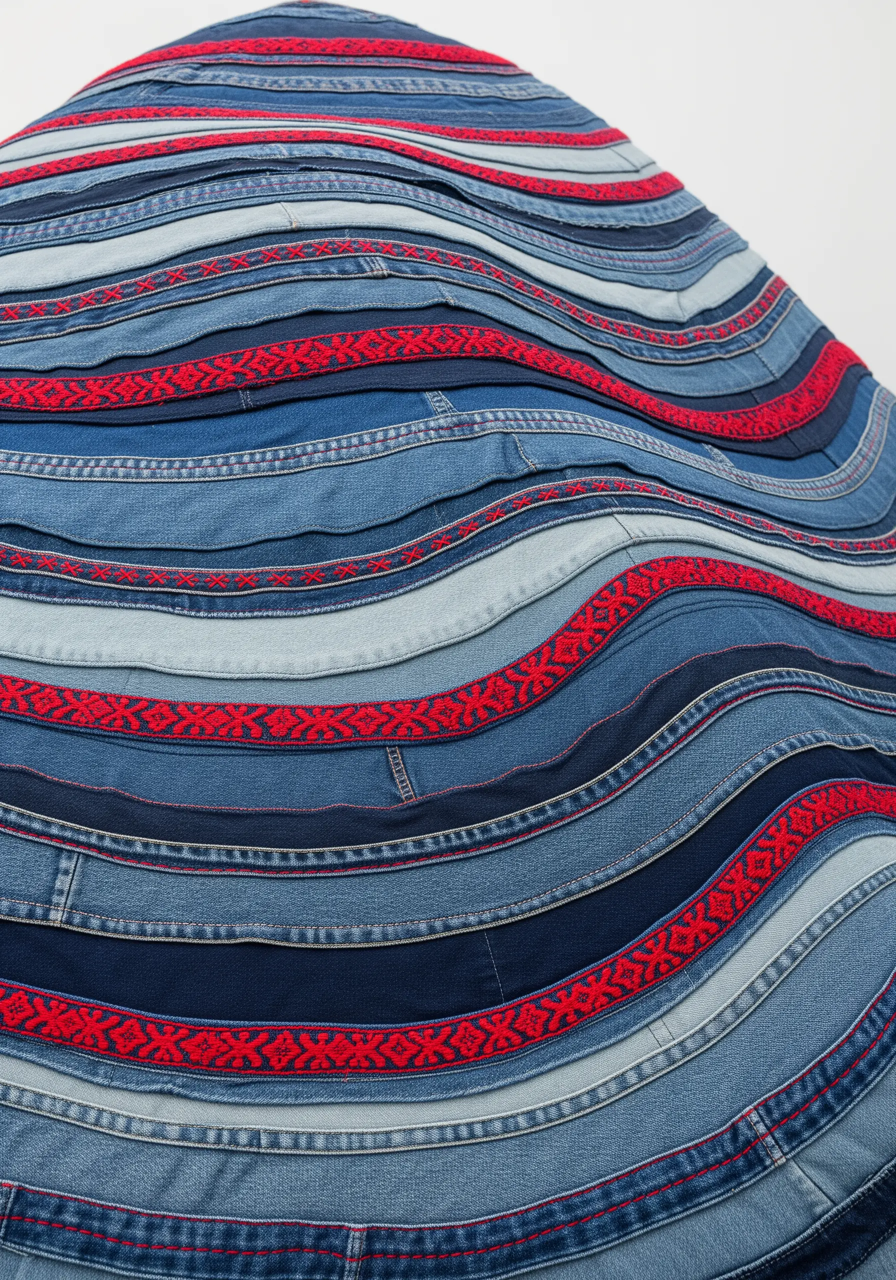A sculptural piece made of layered strips of upcycled denim and red patterned ribbon.
