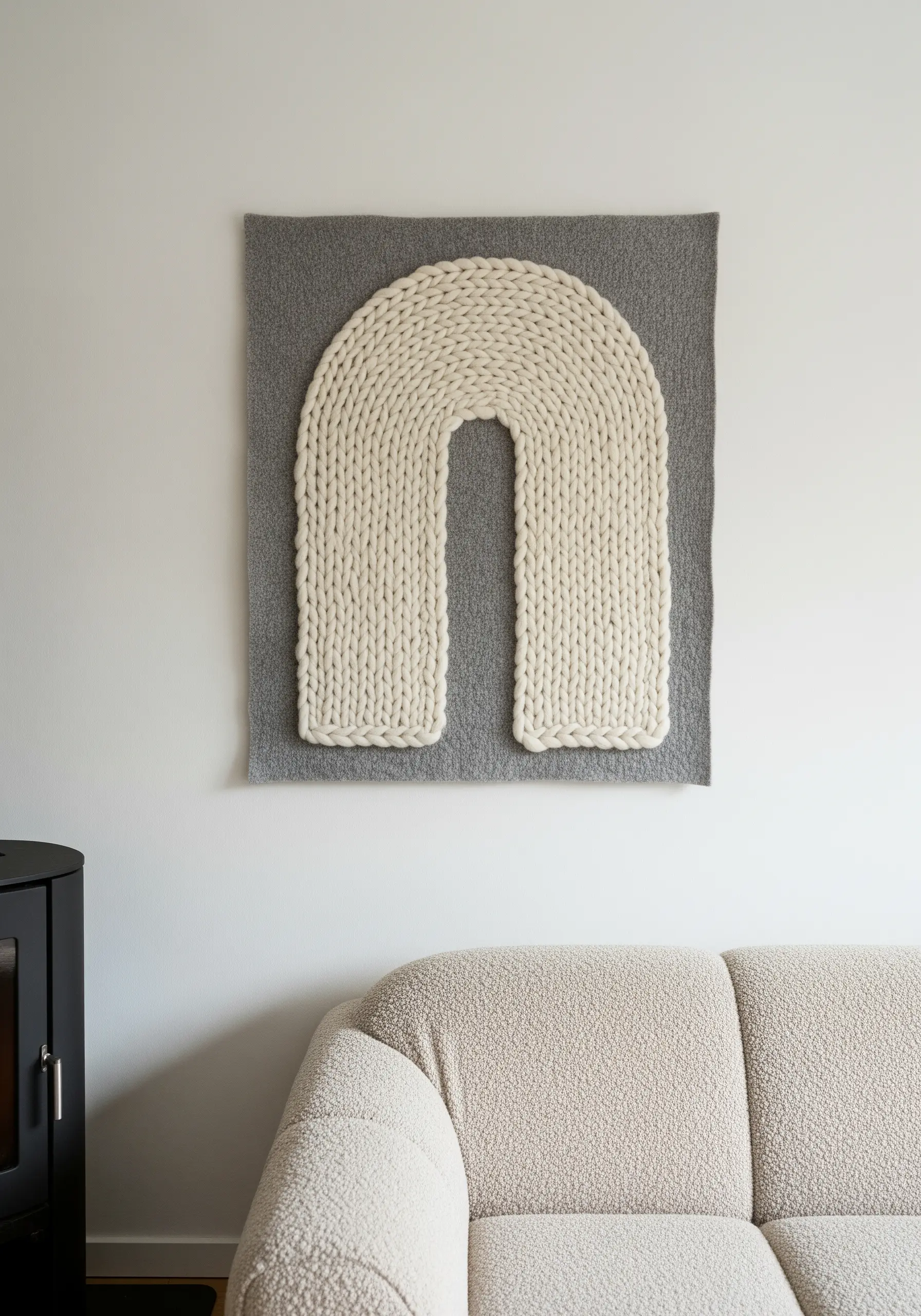 A chunky cream knitted arch shape appliquéd onto a gray felt wall hanging.