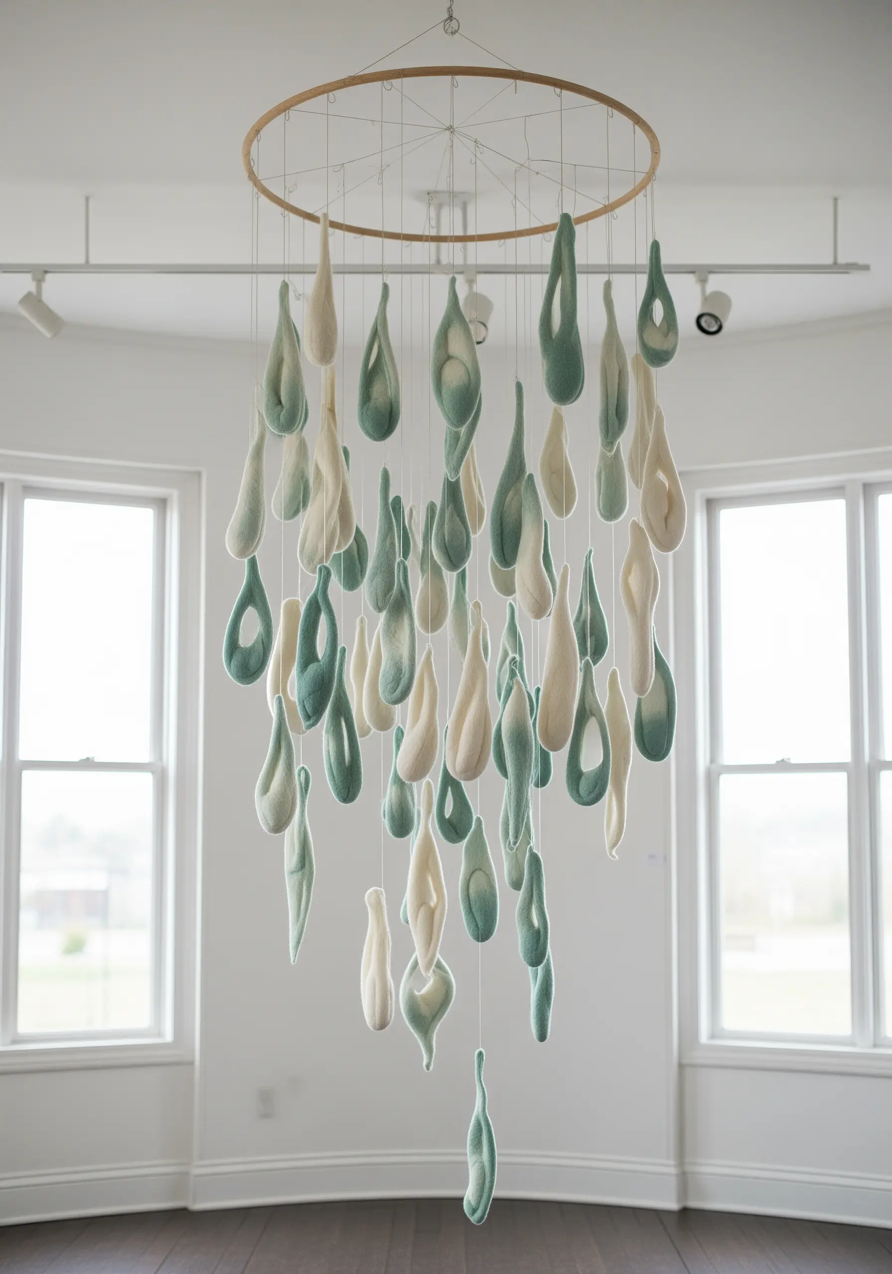 A mobile made of hanging, 3D felted pods in shades of green and cream.