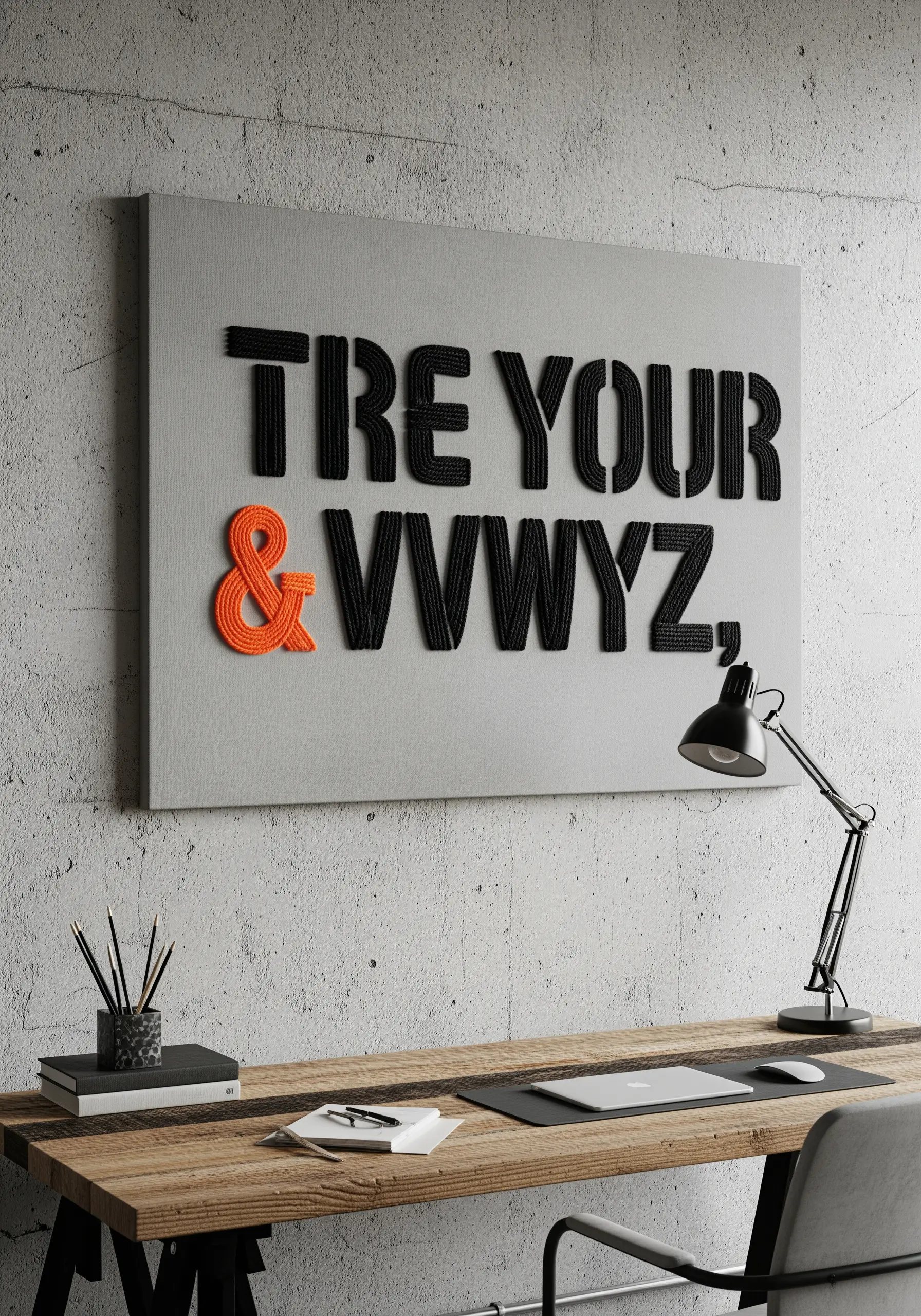 Dimensional black and orange yarn lettering couched onto a grey canvas.