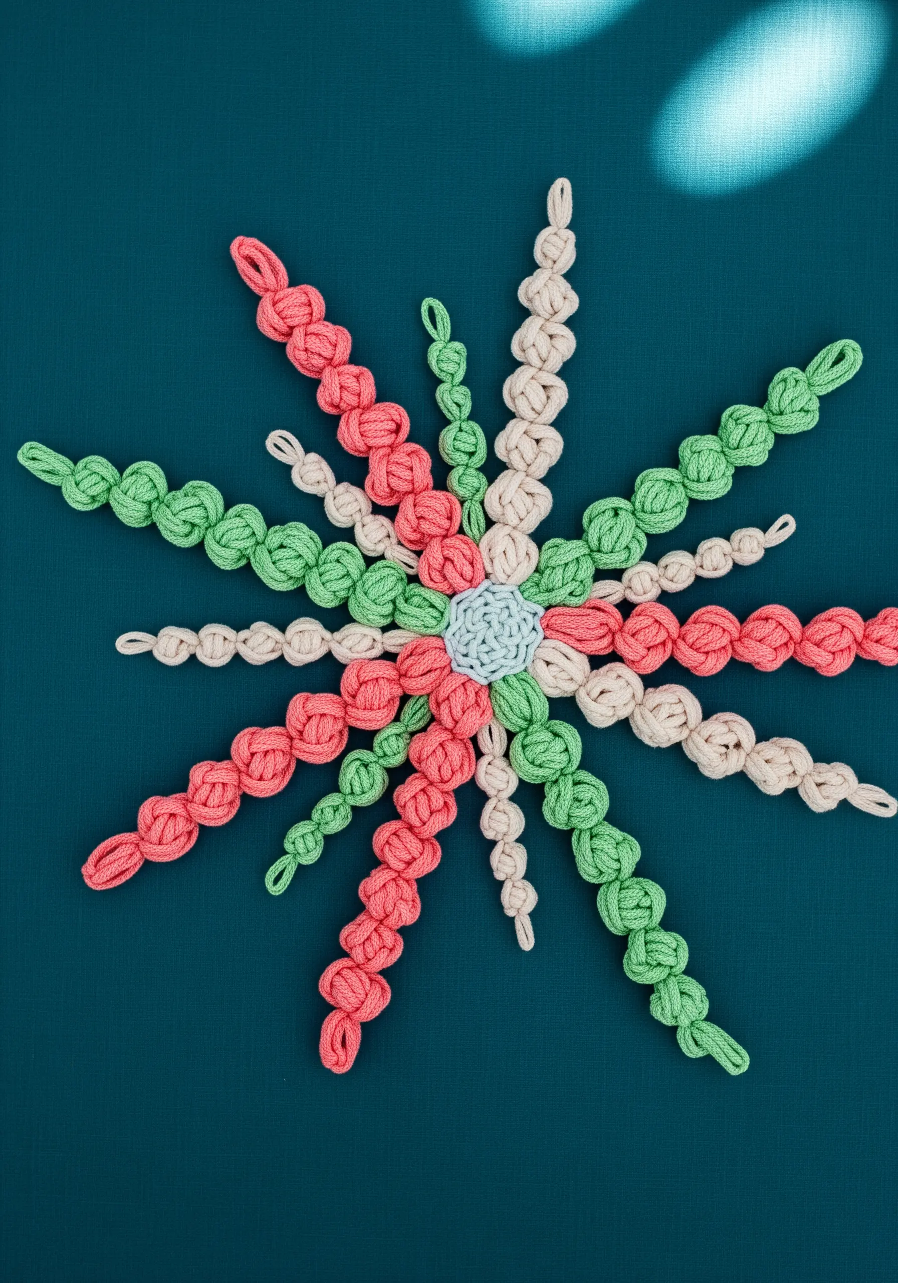 Star-shaped embroidery made with pink, green, and cream macrame knots on teal fabric.