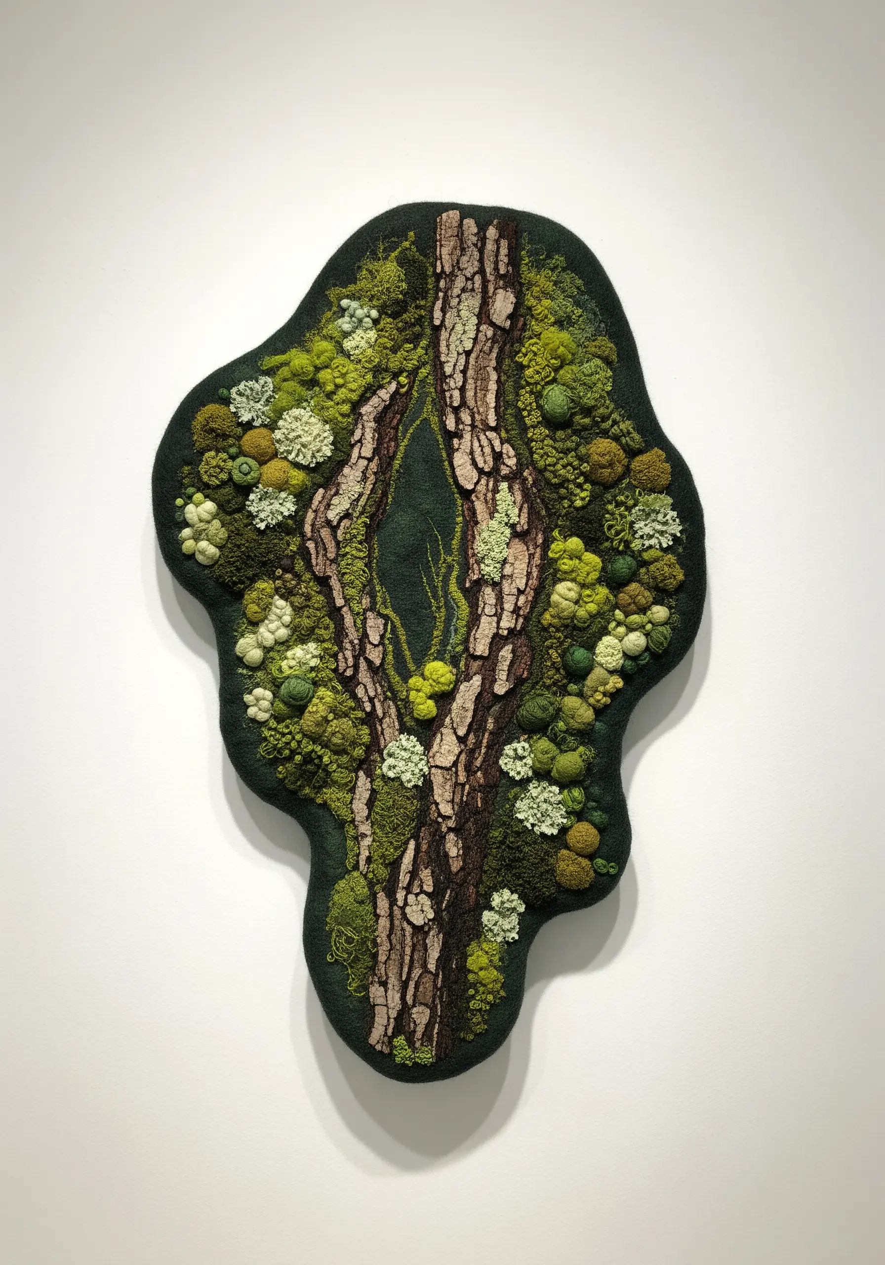 Highly textured wall art depicting mossy tree bark using French knots.