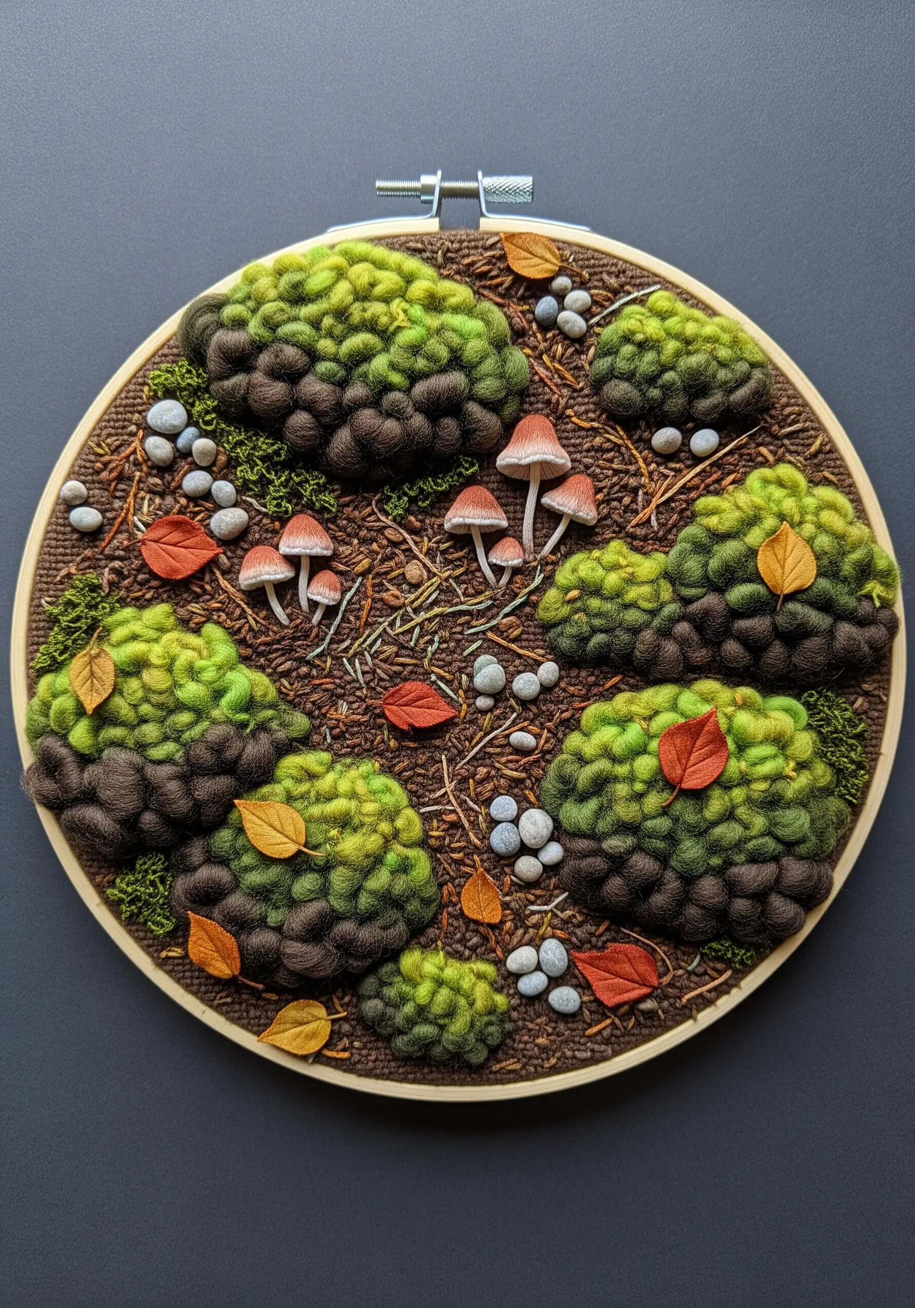 Dense French knot embroidery creating mossy textures with tiny mushrooms and leaves in a hoop.