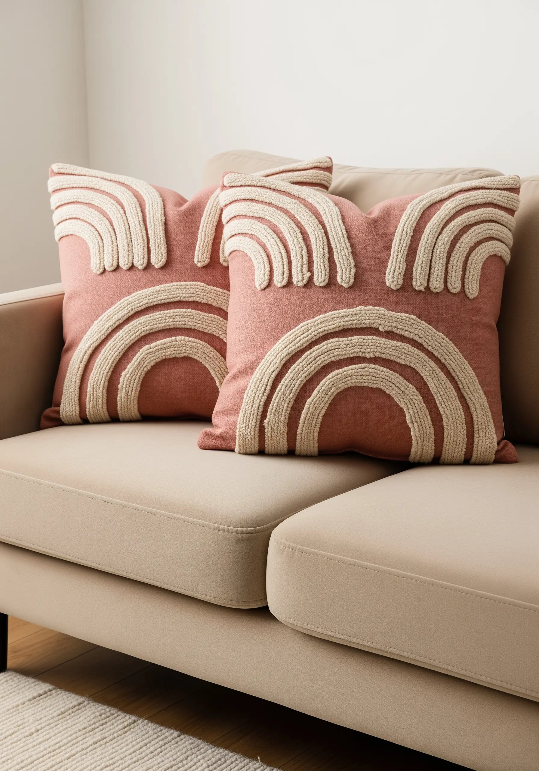 Pink pillows with raised, tufted rainbow arches in a cream-colored yarn.