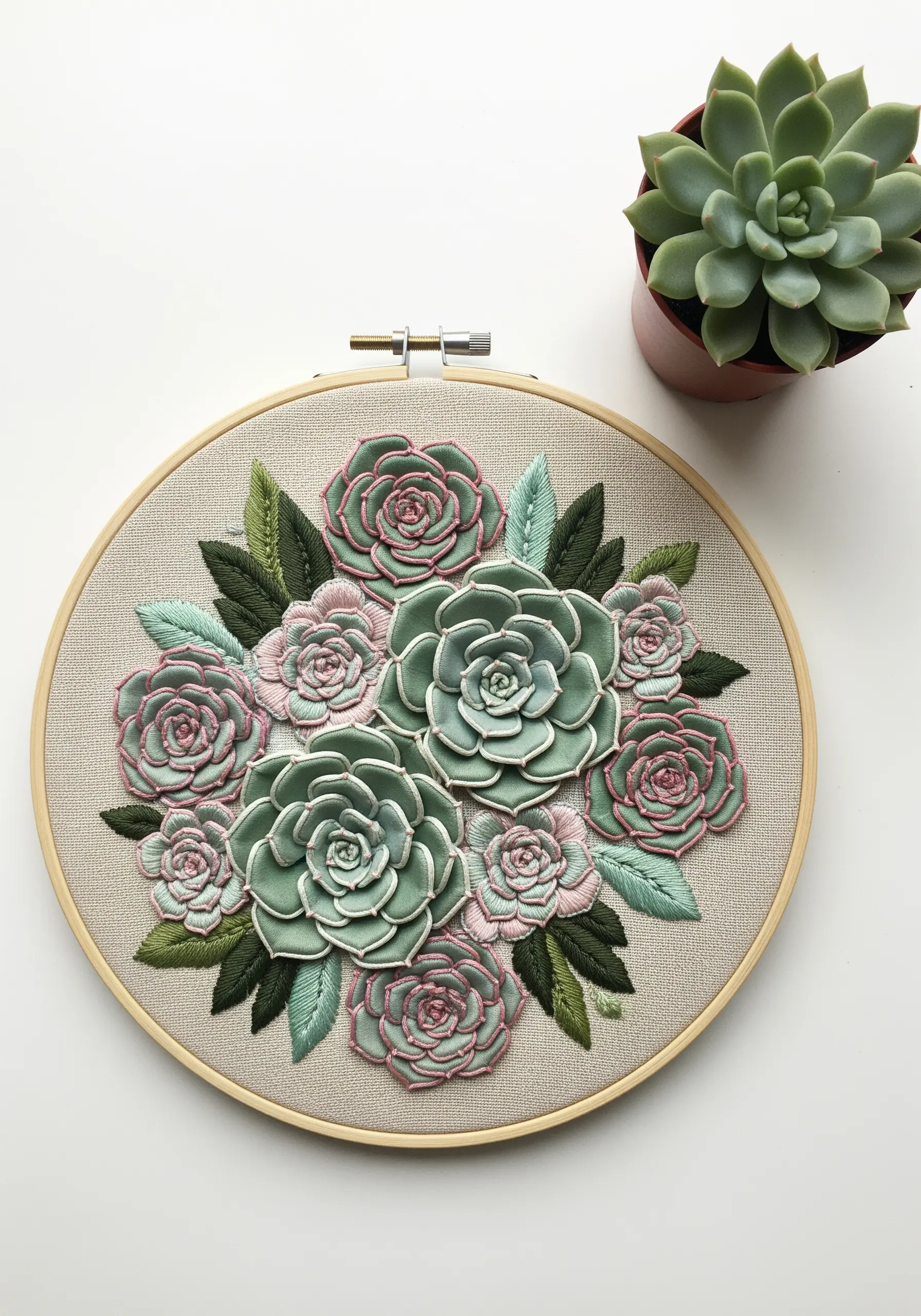 A cluster of dimensional embroidered succulents in green and pink.
