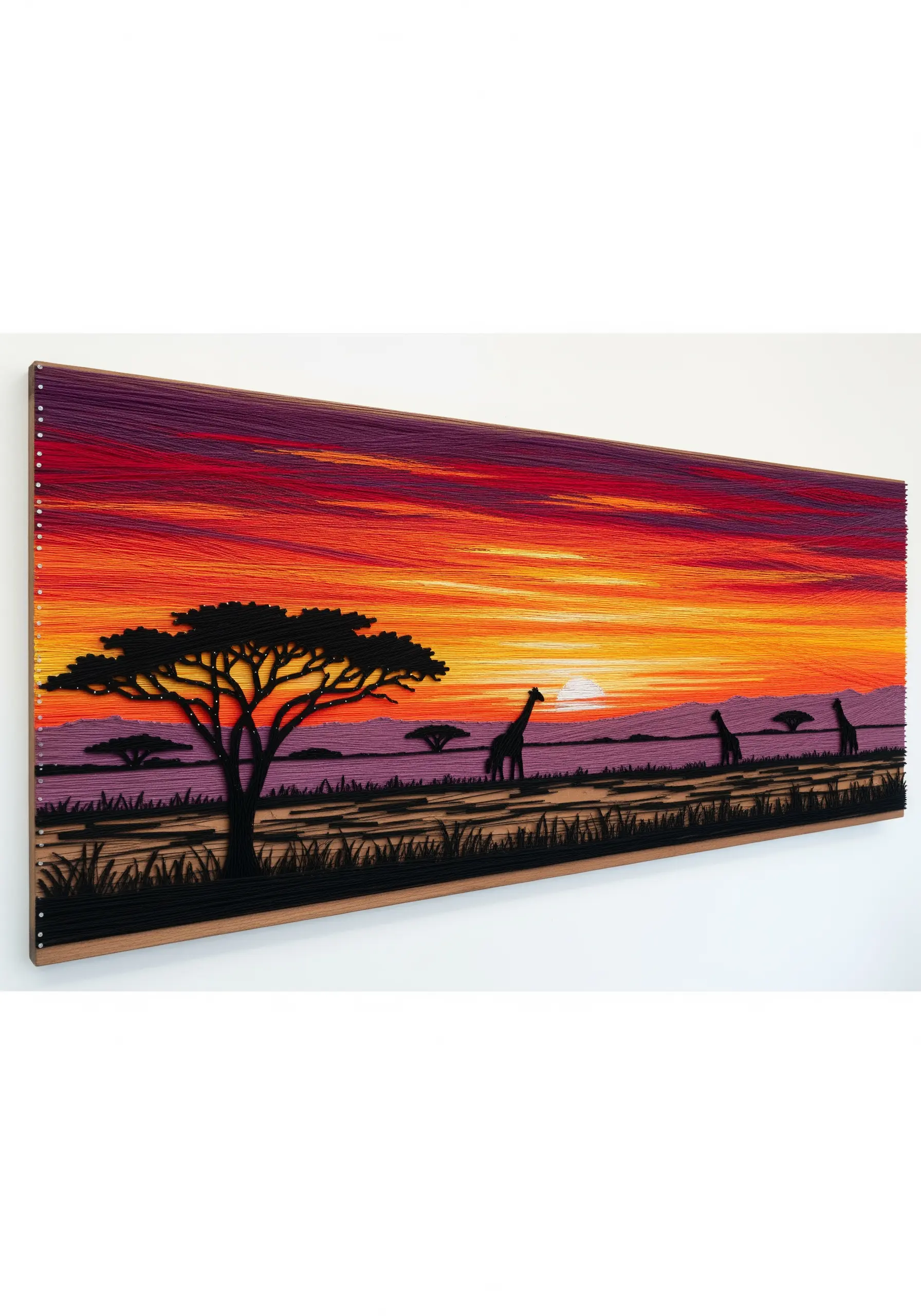 String art of a vibrant African sunset with black silhouettes of giraffes and trees.
