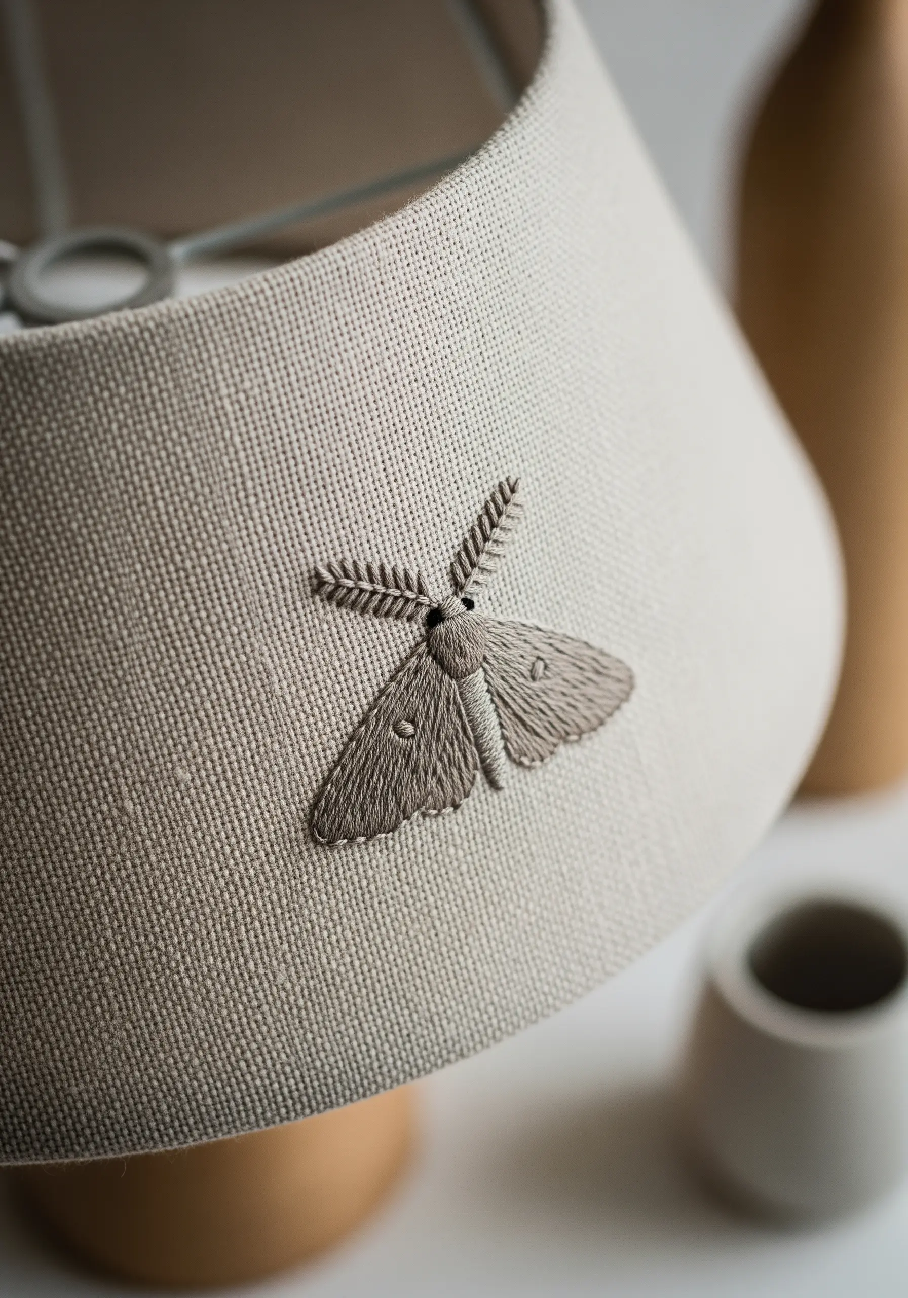 A soft brown moth embroidered on a linen lampshade with open fill stitches.