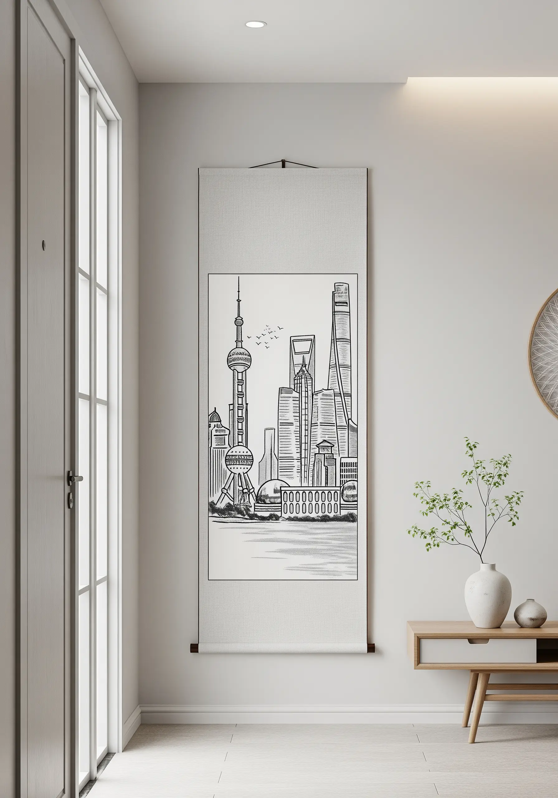 A minimalist black and white embroidery of the Shanghai skyline on a hanging scroll.