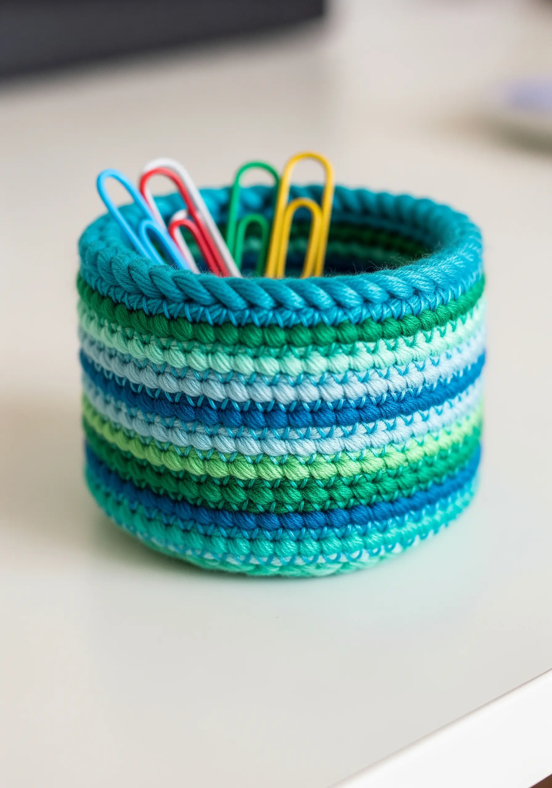 A small, sturdy desk basket crocheted with variegated blue and green cord, holding paper clips.