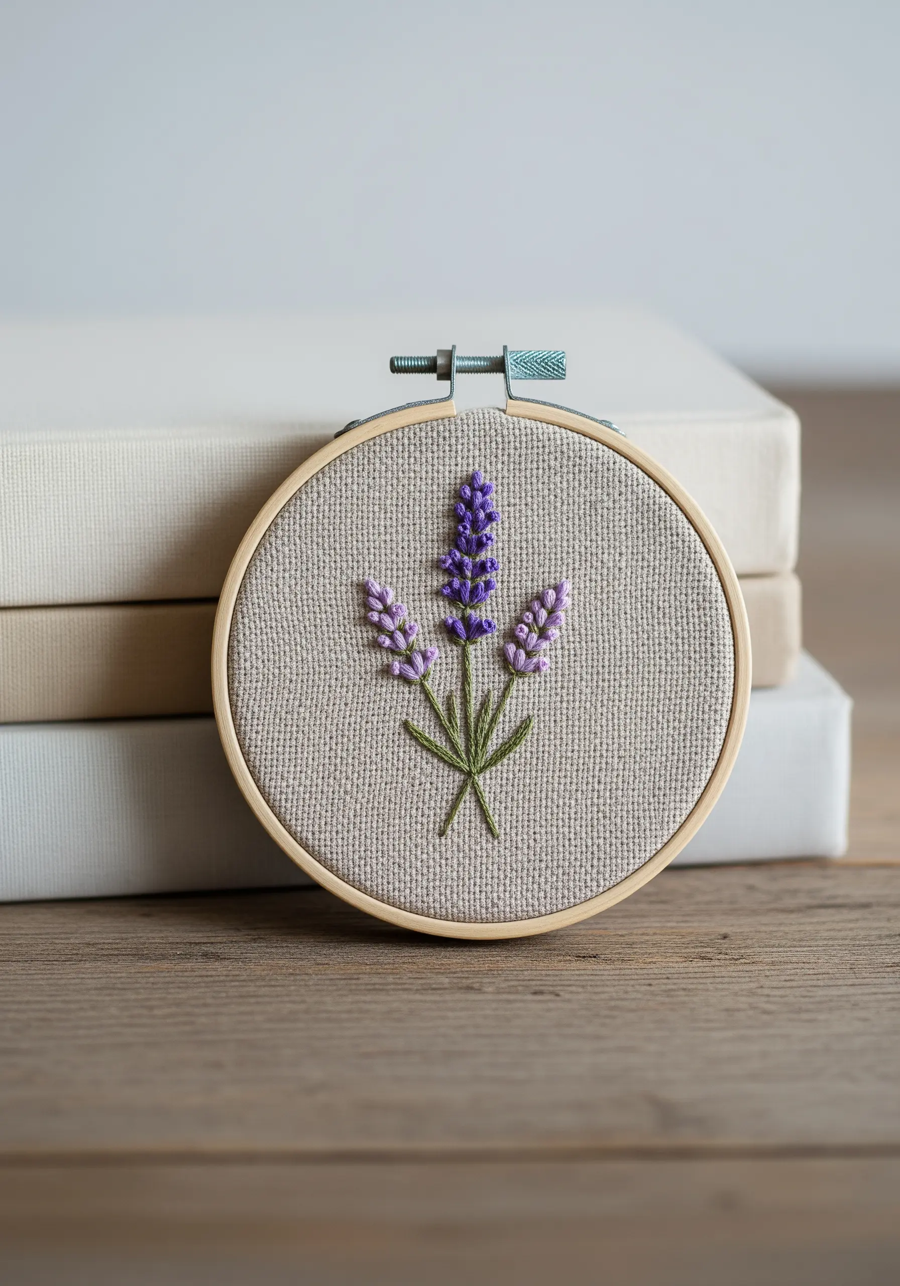 Three sprigs of lavender stitched with purple gradient French knots on linen fabric.