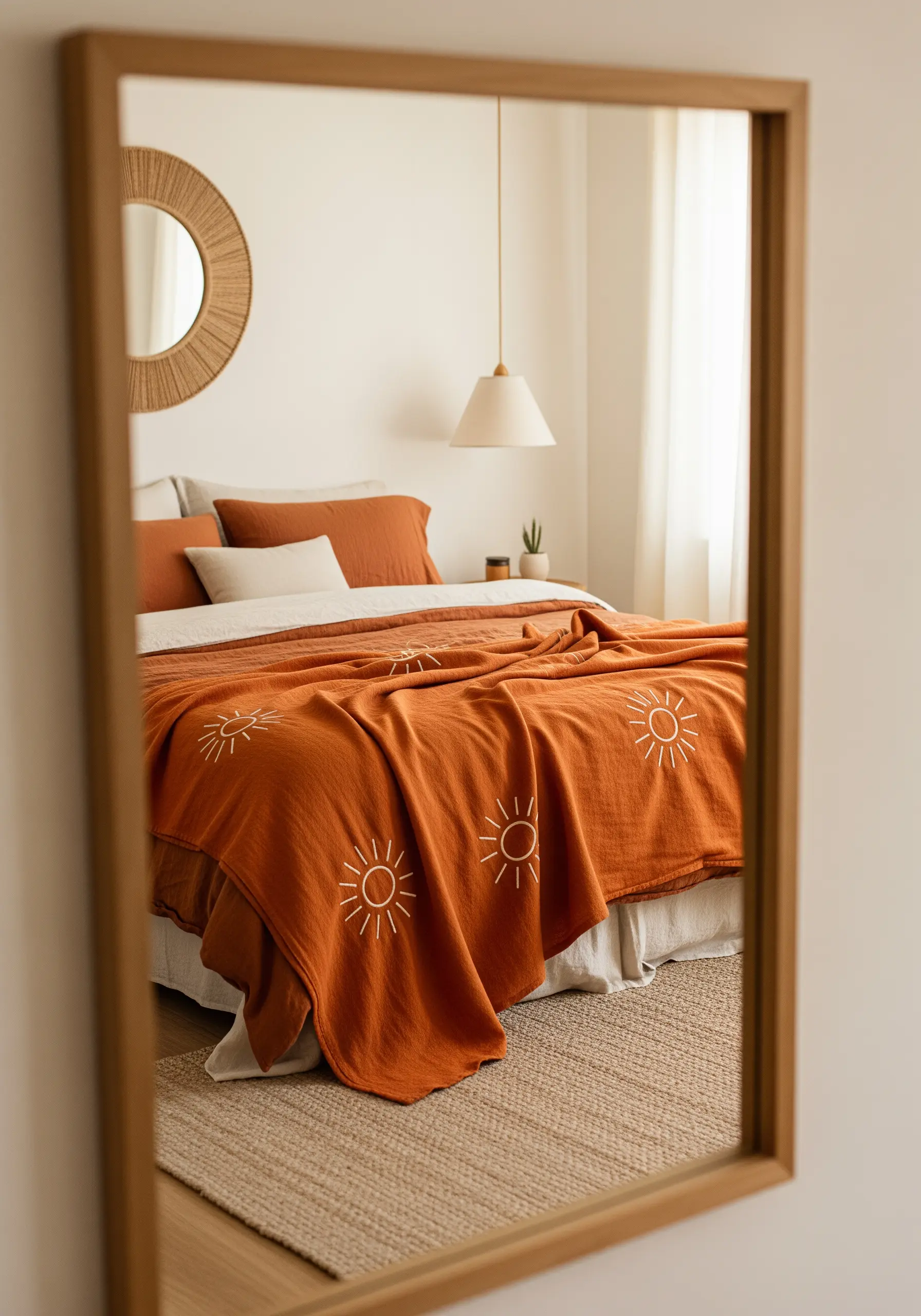 Simple, hand-stitched sun motifs scattered across a terracotta-colored throw blanket.