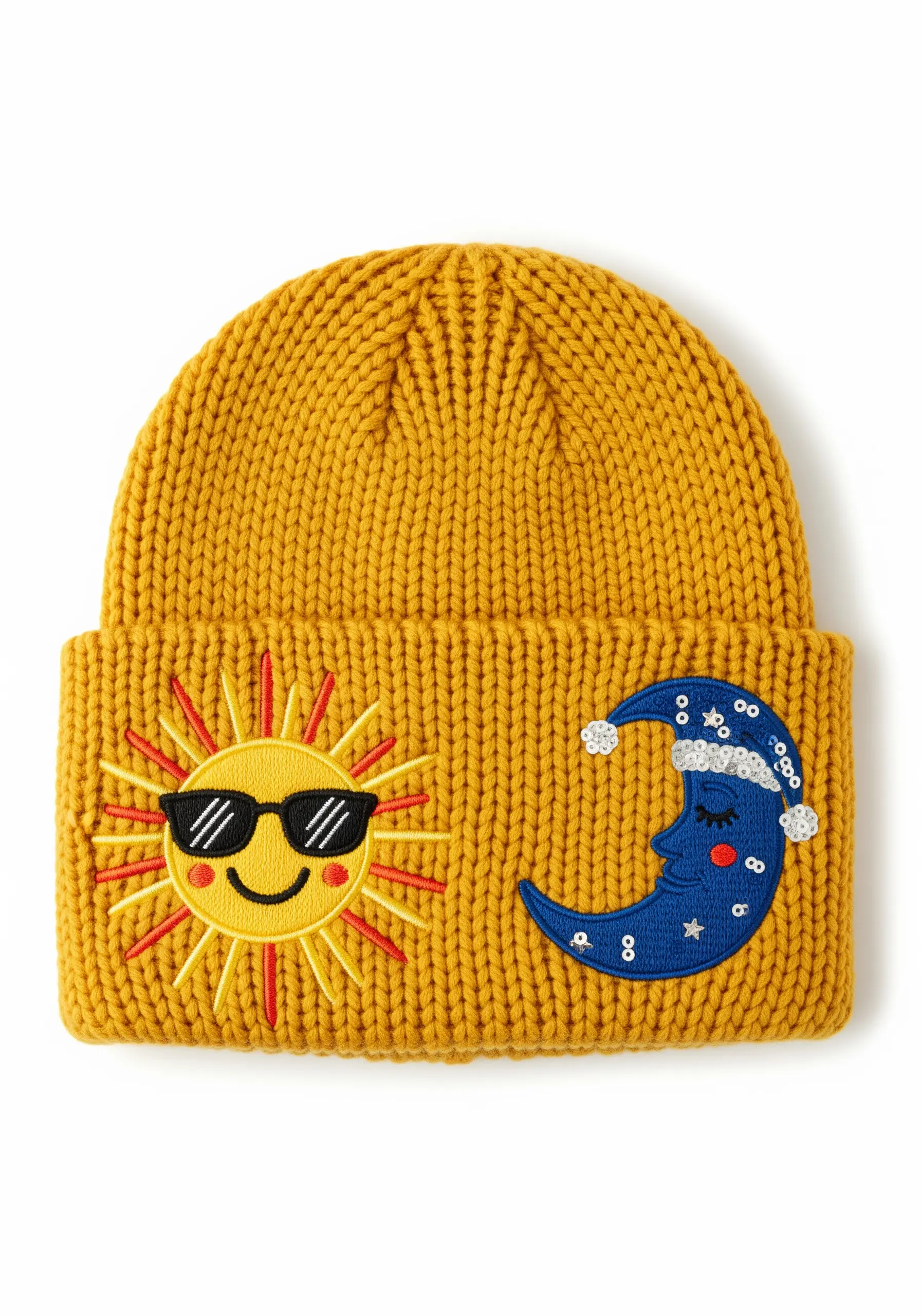 Cartoon sun and moon with faces embroidered on the cuff of a yellow knit beanie