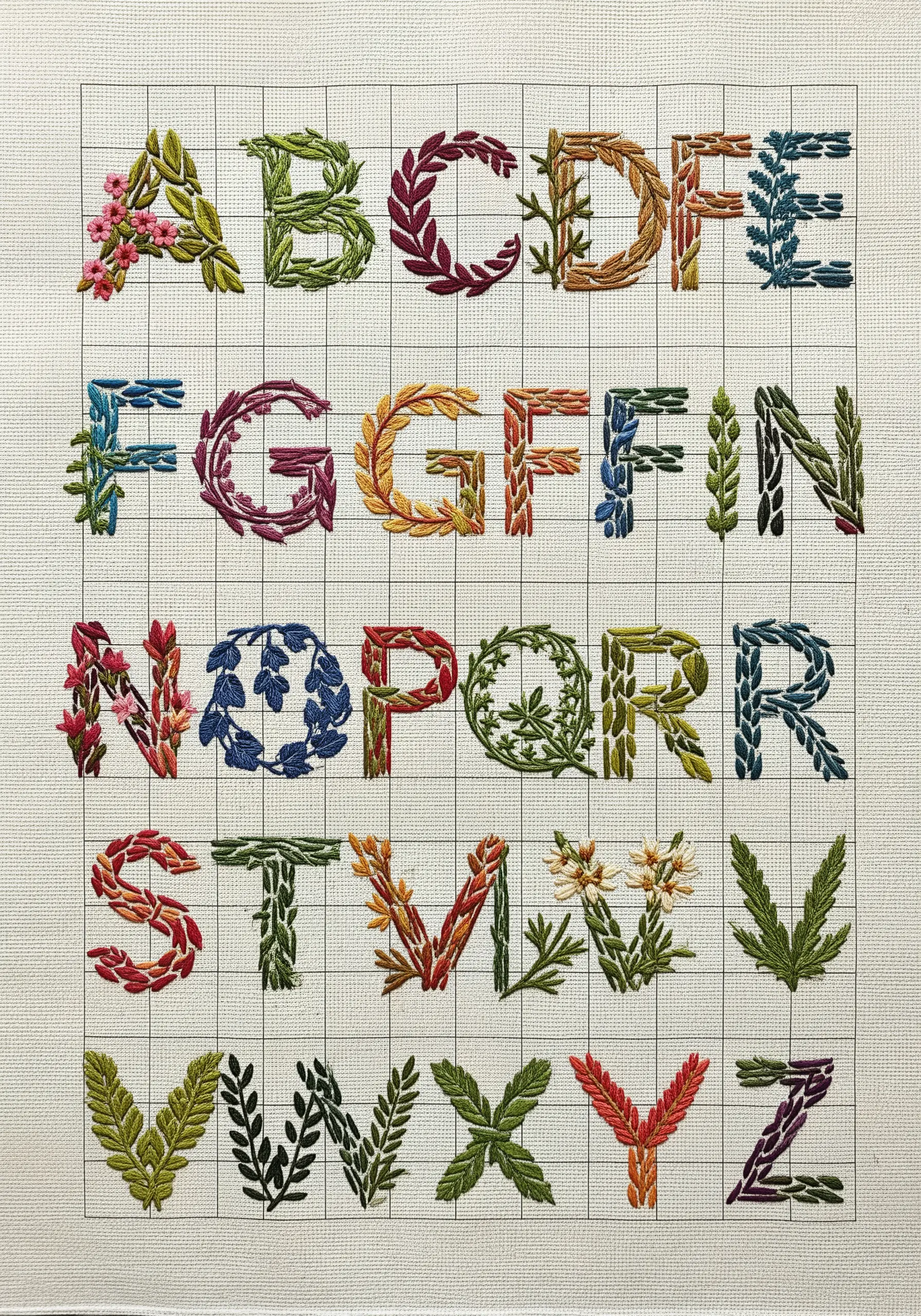 A complete embroidered alphabet where each letter is made of different leaves and flowers