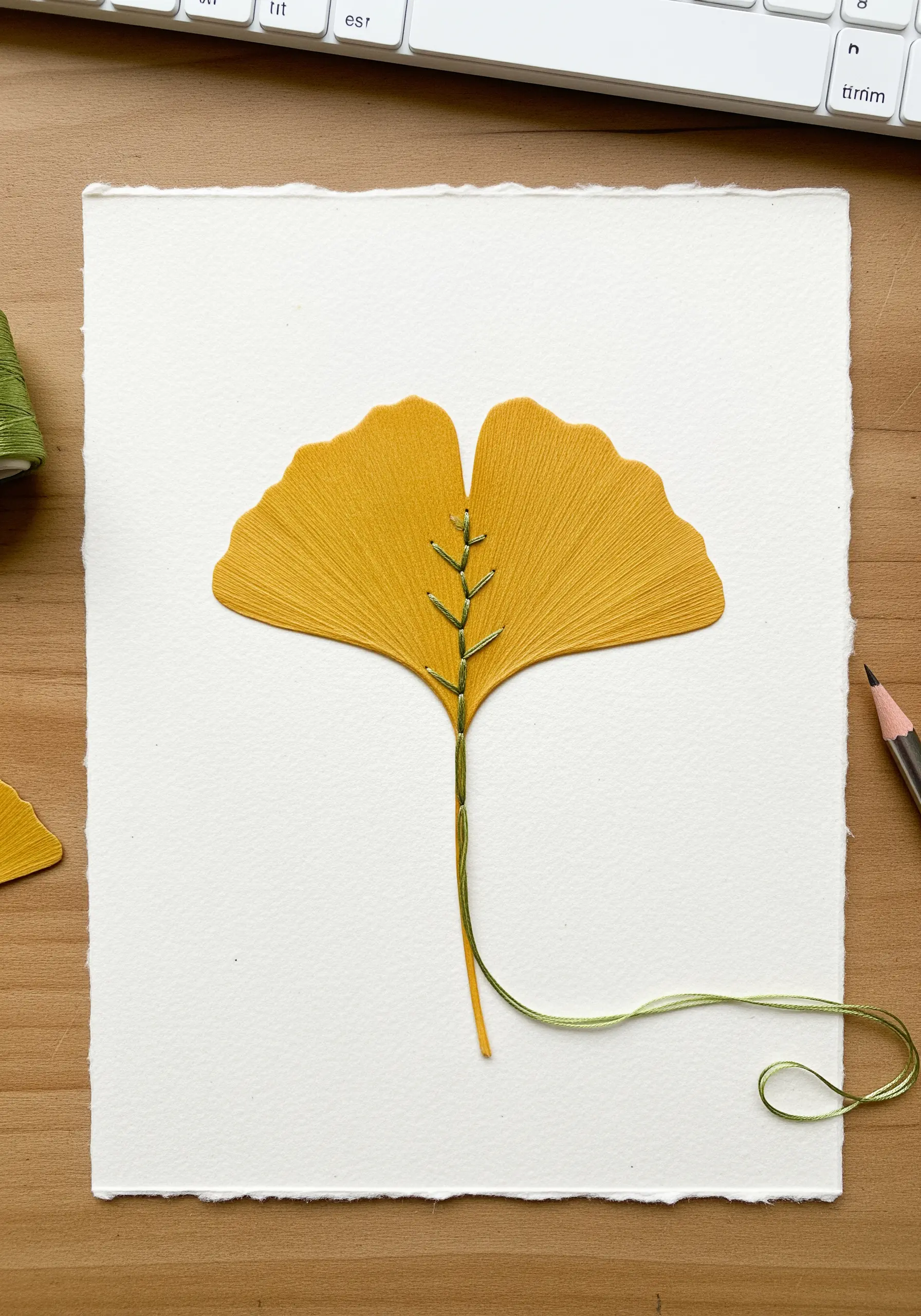 A yellow paper ginkgo leaf with its central veins carefully stitched in green thread.
