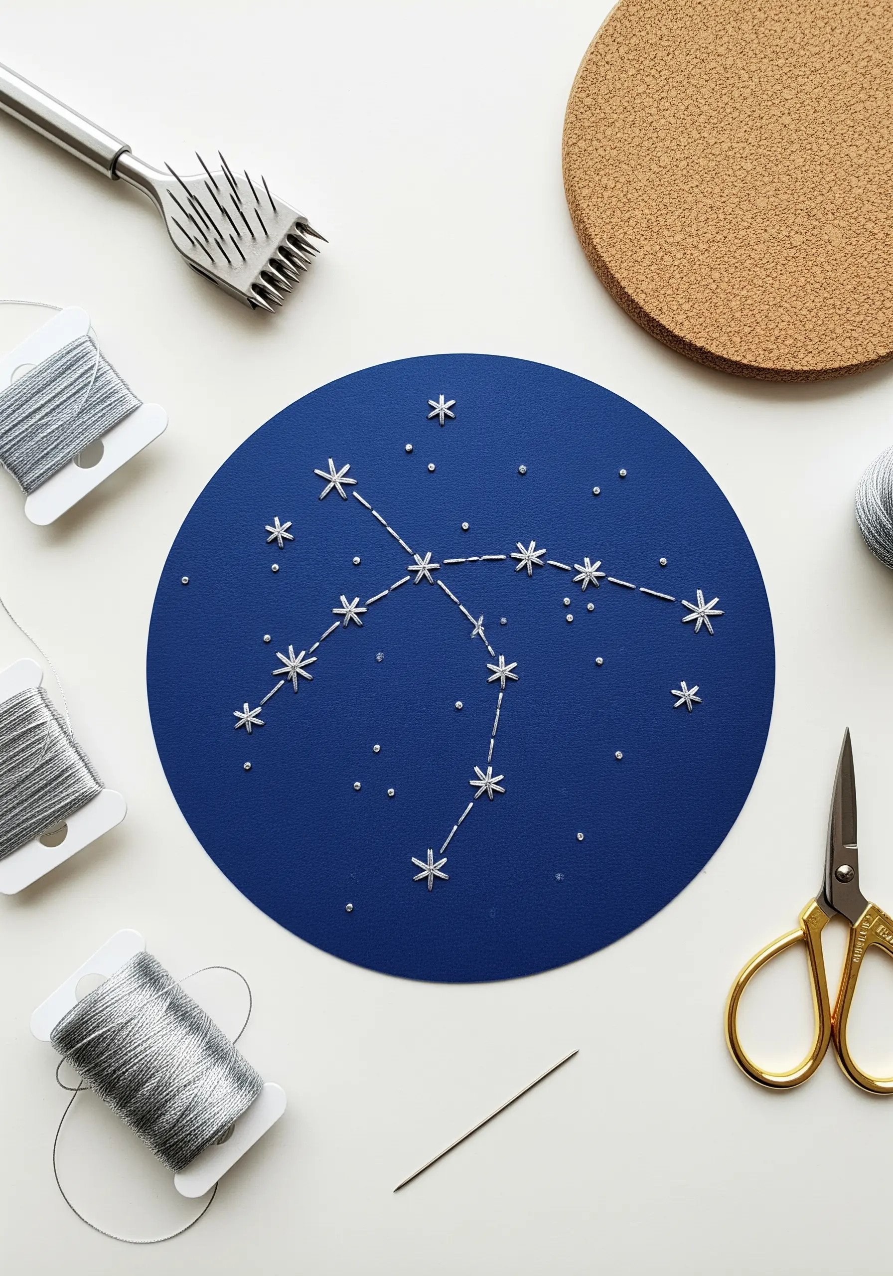 A constellation stitched with silver metallic thread on a round piece of dark blue paper.
