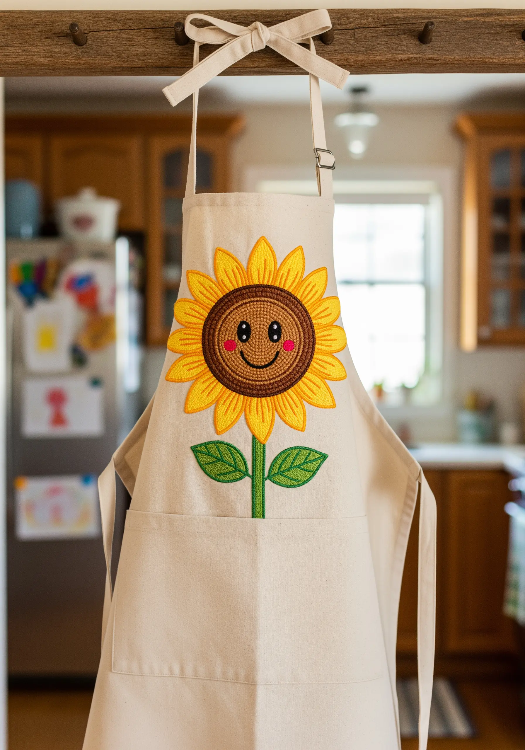 A cute, cartoon-style sunflower with a smiling face embroidered on a beige apron