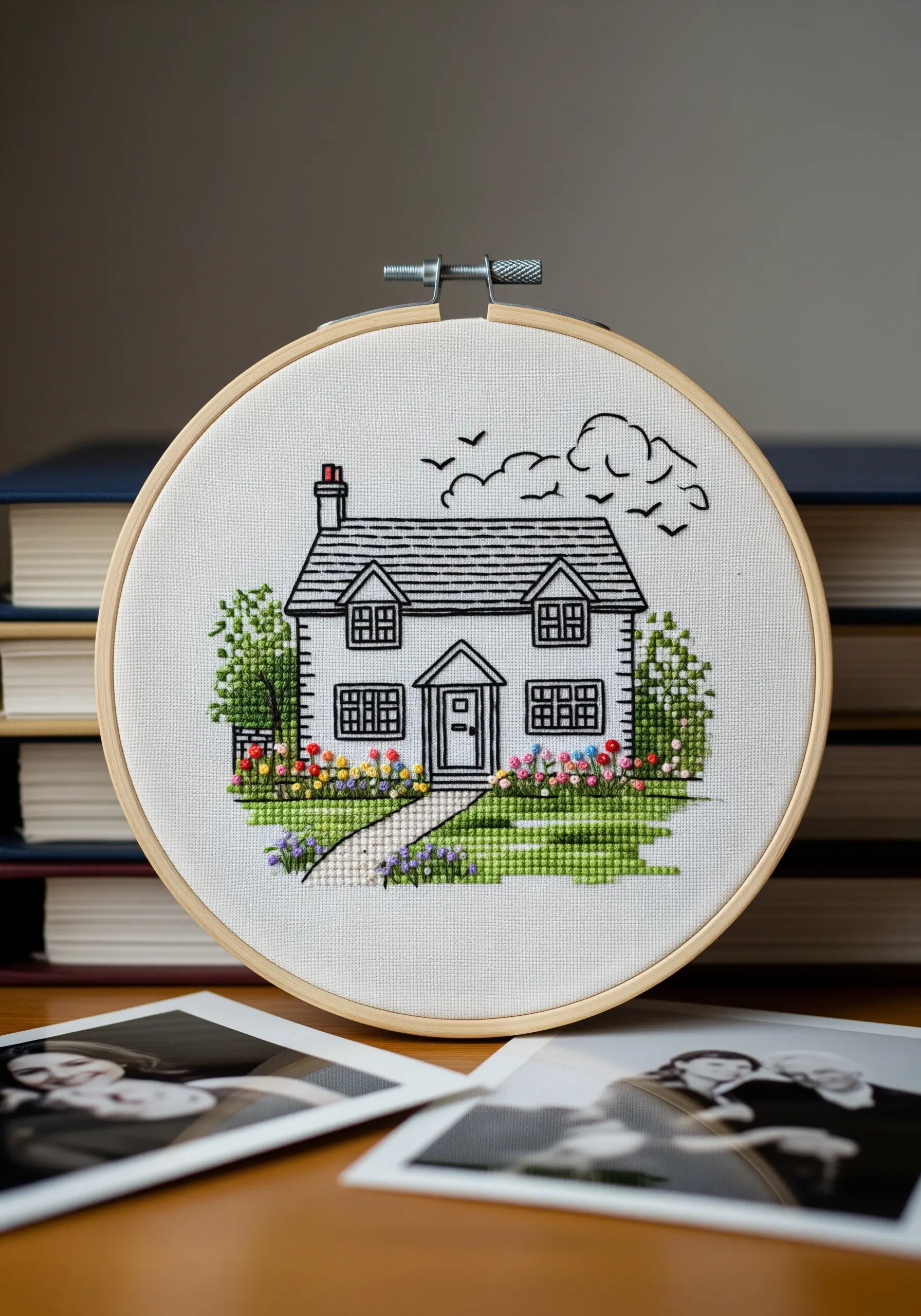 A hoop art portrait of a house, combining blackwork outline with colorful garden details.