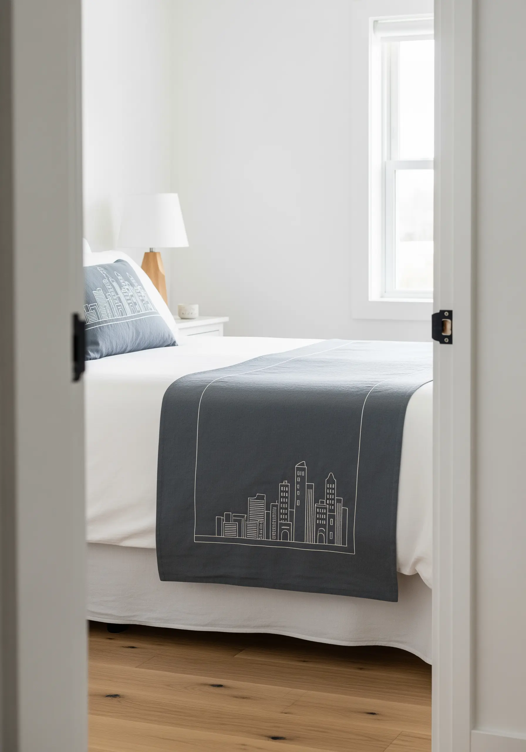 A minimalist white-thread skyline embroidered on a charcoal grey bed runner.