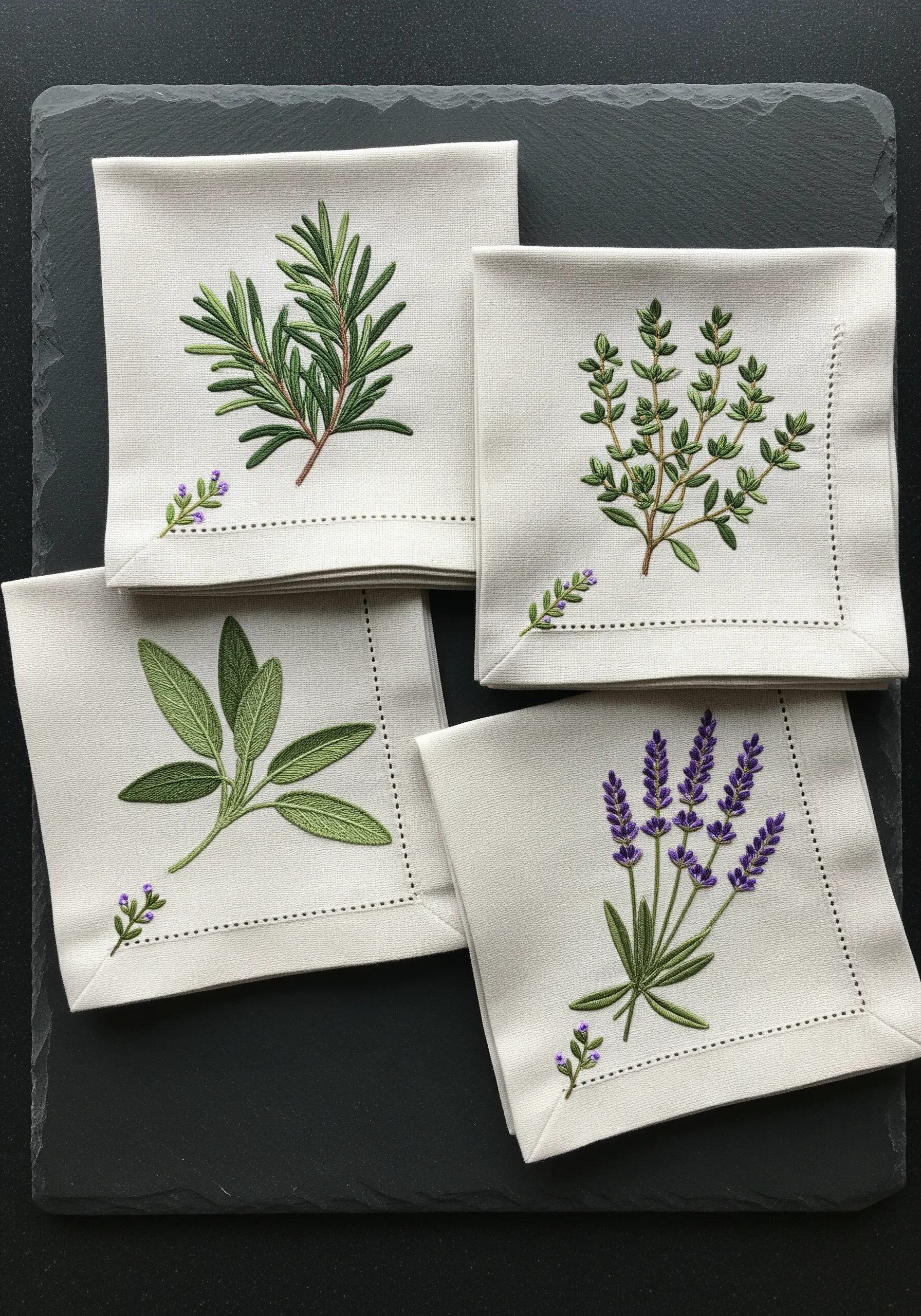 Set of four linen napkins embroidered with rosemary, thyme, sage, and lavender
