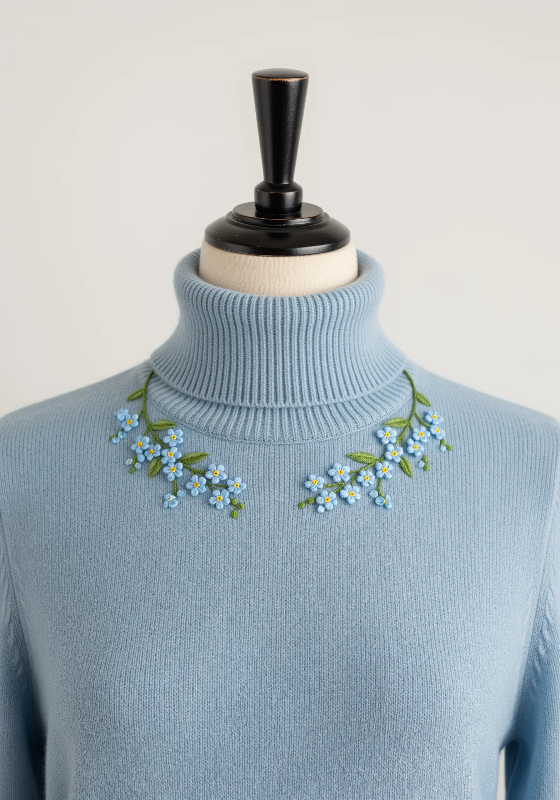 Delicate forget-me-not flowers embroidered on the collar of a blue turtleneck sweater.