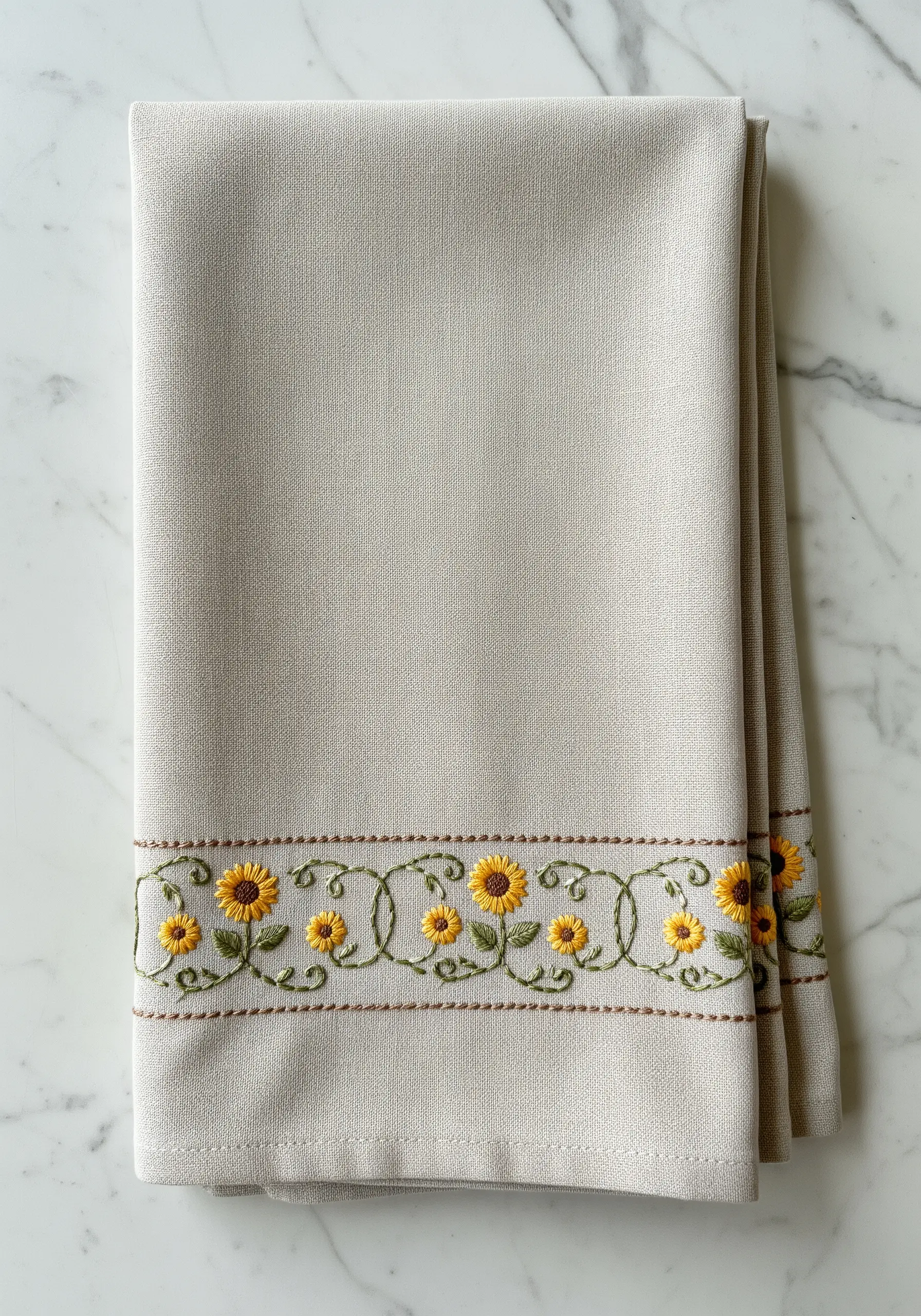 A delicate border of tiny embroidered sunflowers and vines on a beige linen towel