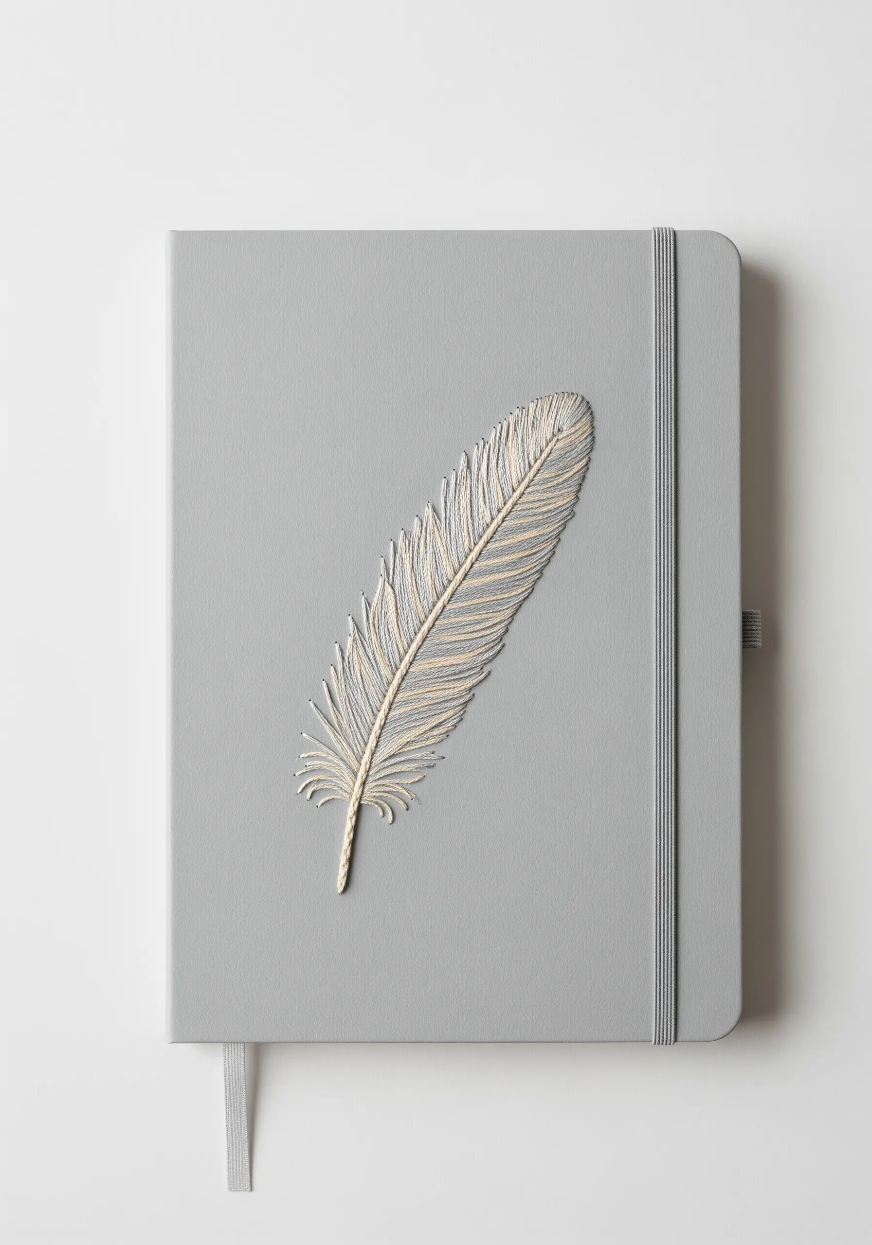 A delicate feather embroidered on a journal cover using fishbone stitch.