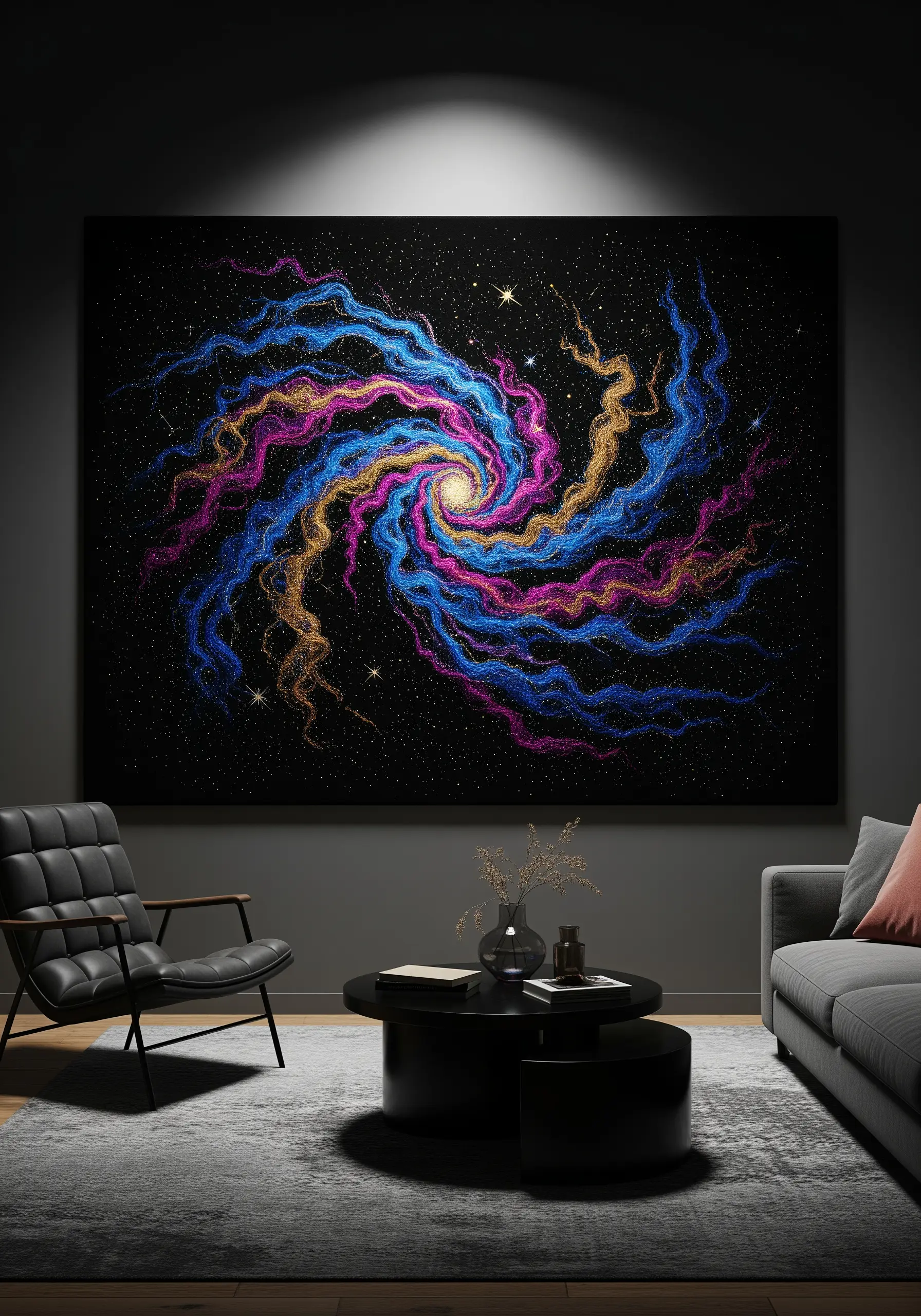 Large-scale fiber art of a swirling galaxy made of colorful knots on a black canvas.