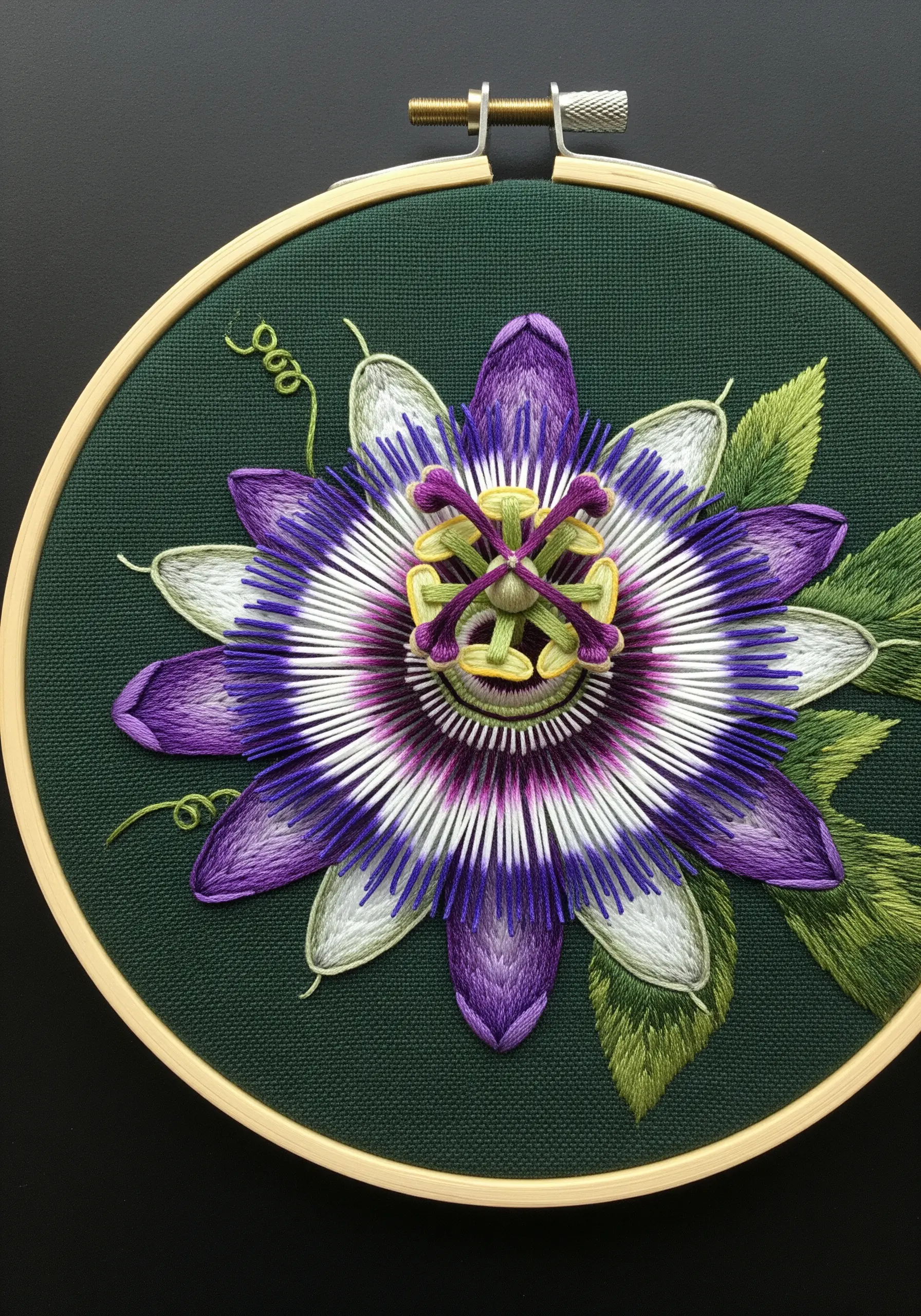 A complex passionflower with purple, white, and green geometric and gradient details.