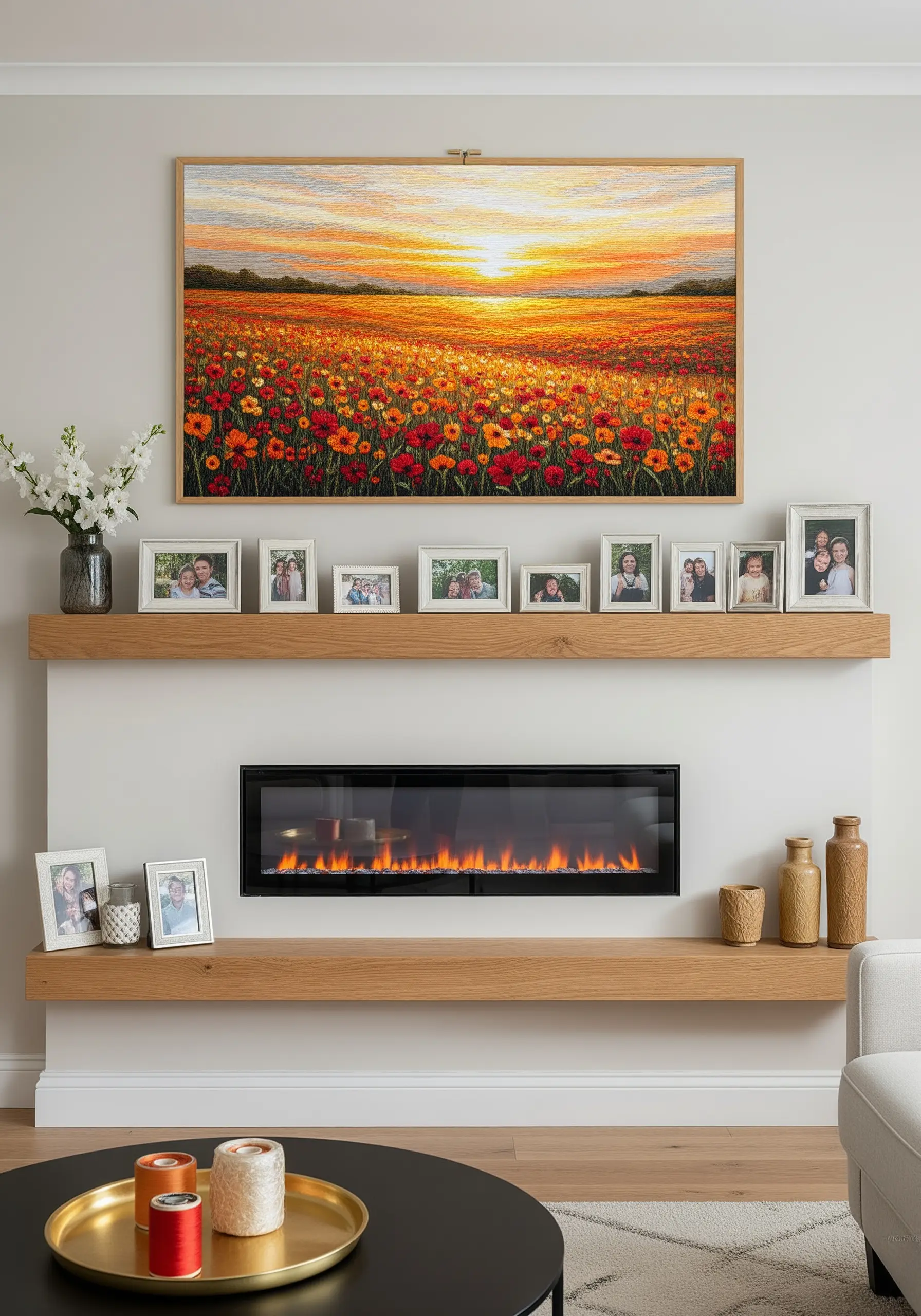 A large, framed embroidery of a sunset over a field of poppies