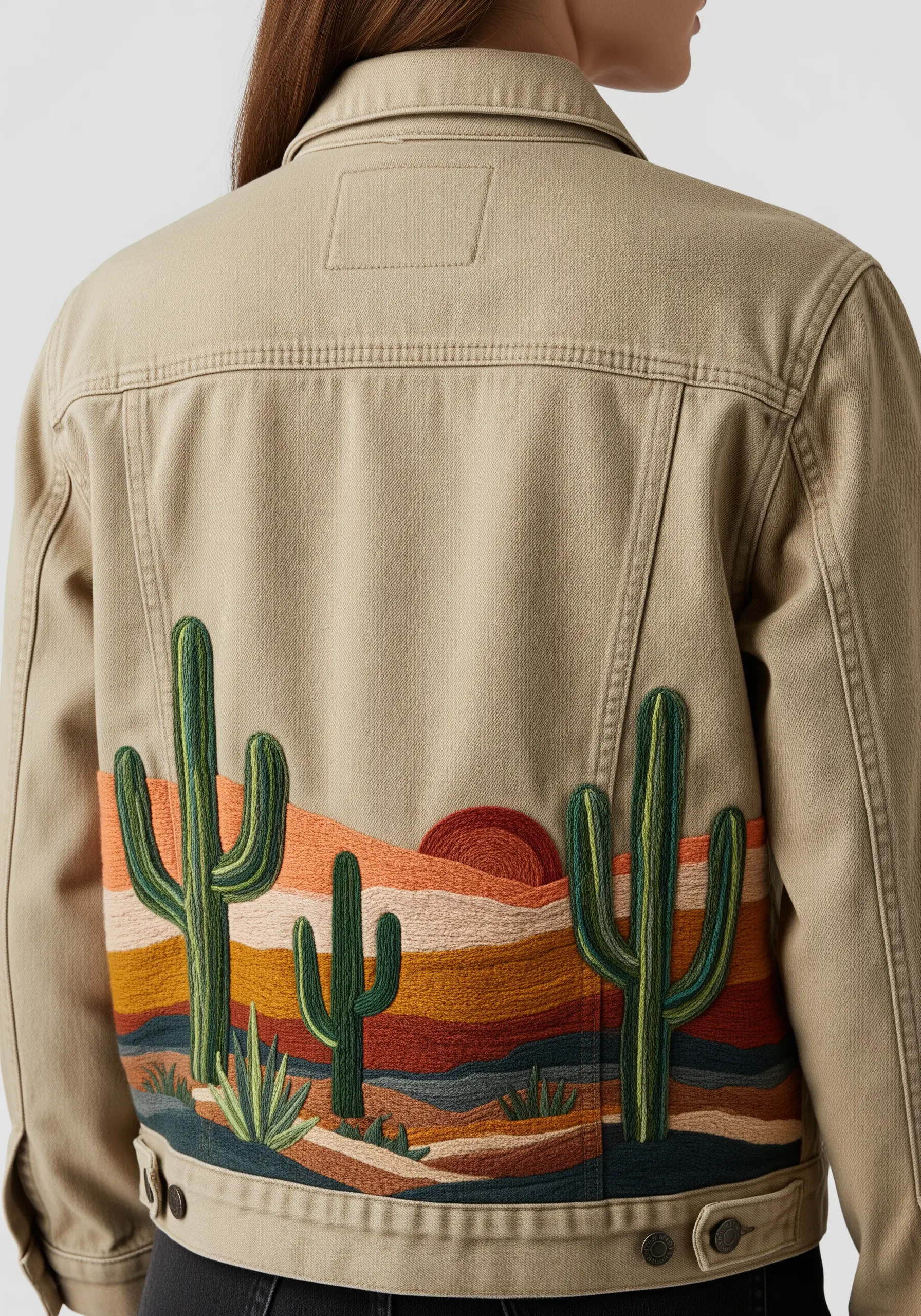 A minimalist desert landscape with saguaro cacti embroidered on the back of a tan denim jacket.