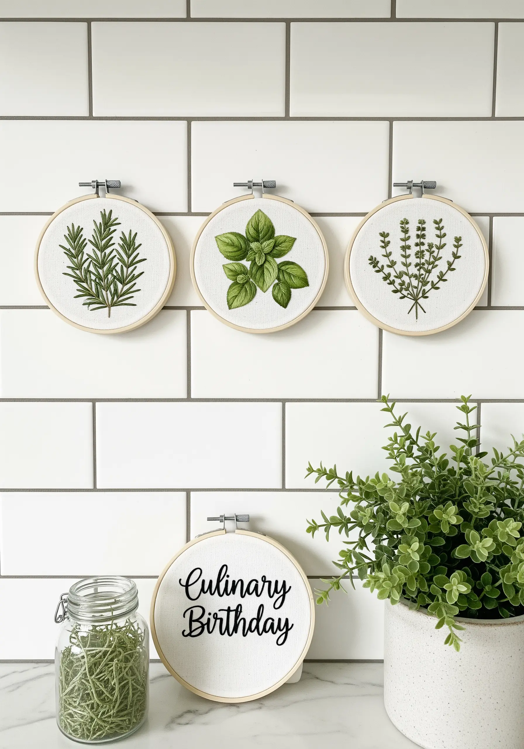 A set of four small embroidery hoops, each featuring a different culinary herb.