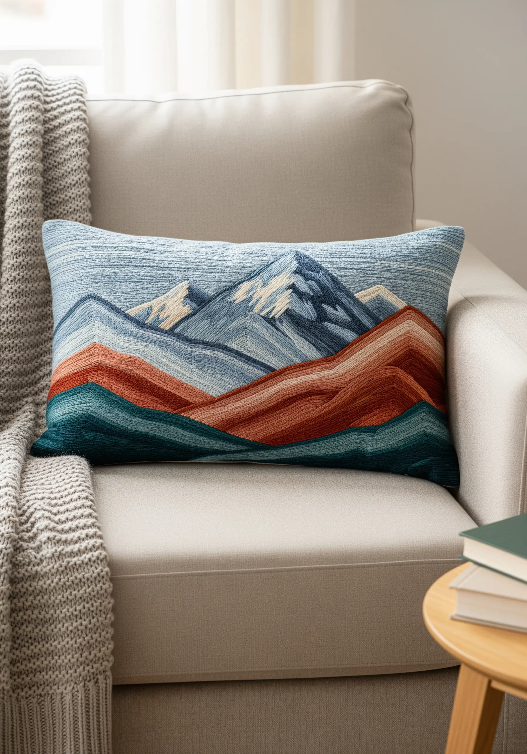 A lumbar pillow with an embroidered mountain landscape in blues, rust, and white.