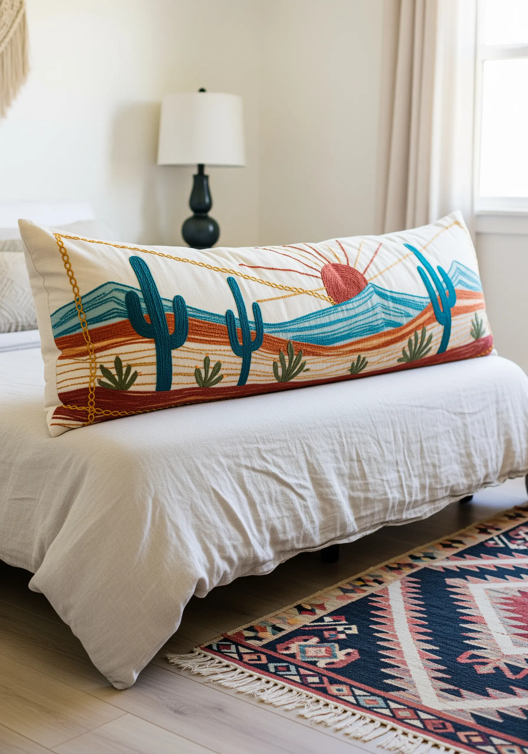 Long lumbar pillow embroidered with a colorful desert scene featuring cacti and mountains.