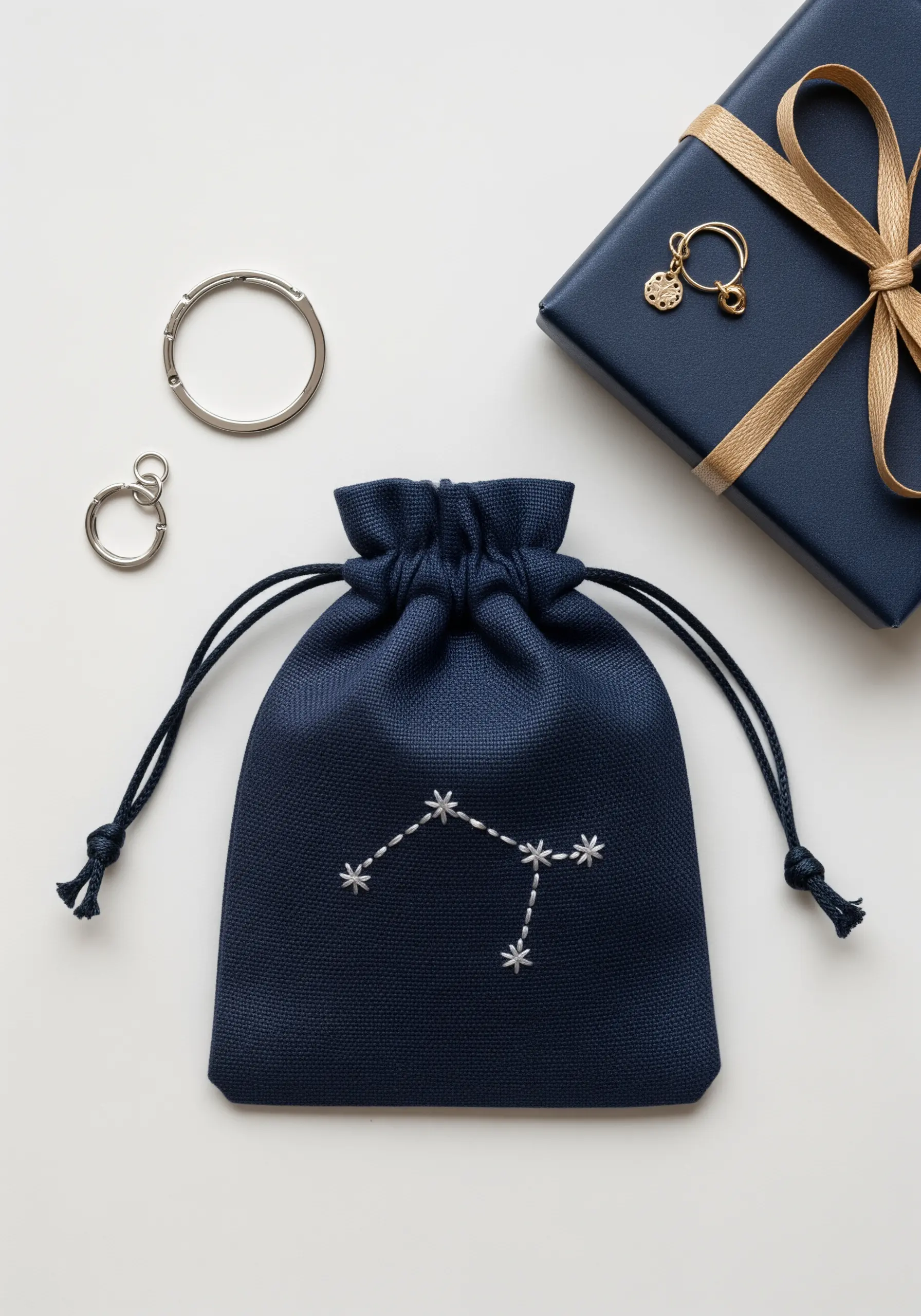Embroidered constellation with star stitches and connecting lines on a navy blue pouch.
