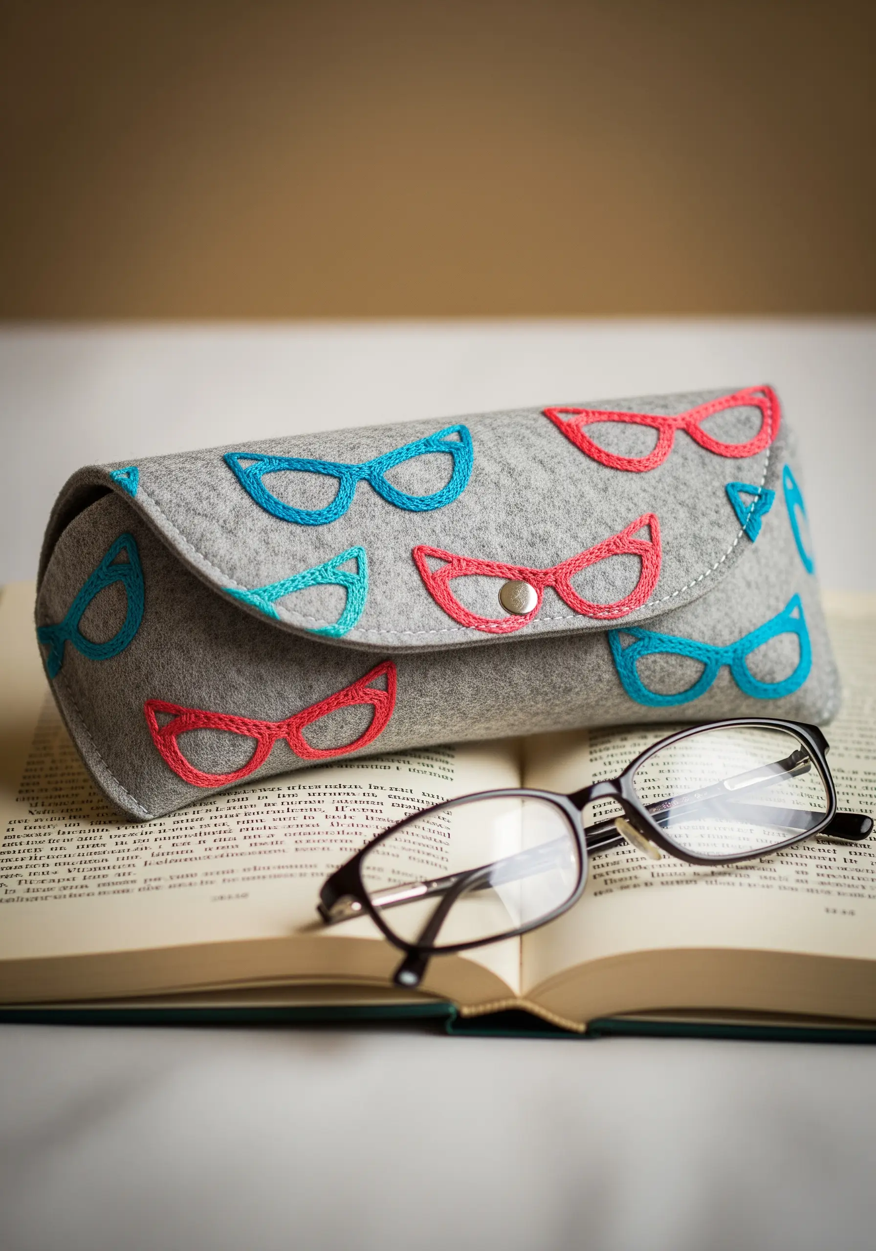 A gray felt eyeglass case embroidered with a pattern of colorful retro glasses frames.