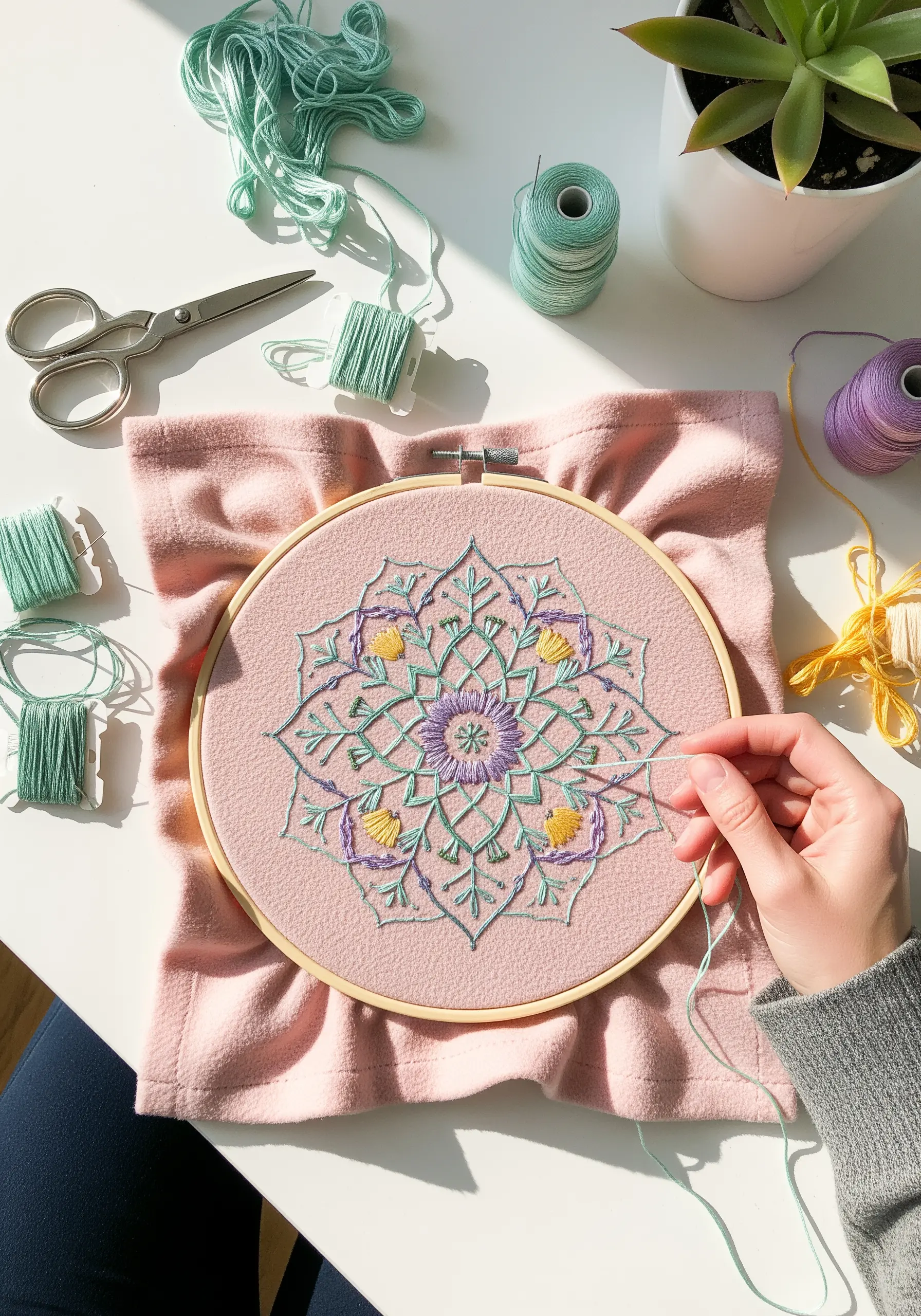 A hand stitching a delicate, symmetrical mandala in mint, purple, and yellow on pink fabric.