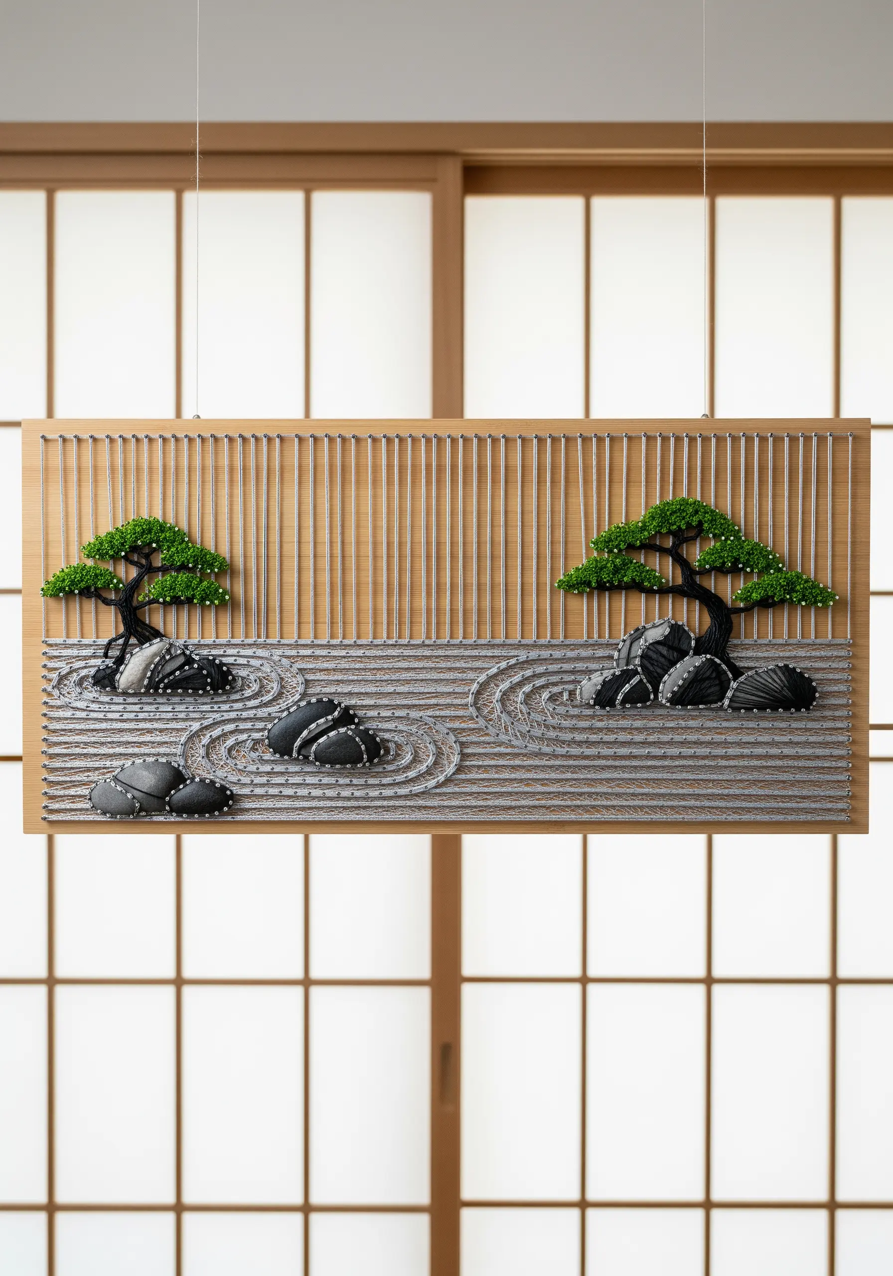 Zen garden string art with grey parallel lines for sand and textured bonsai trees.