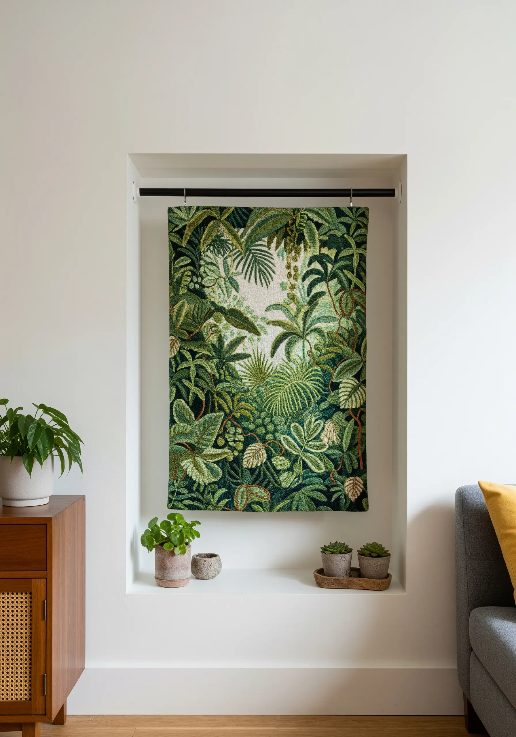 A long, gray felt tapestry embroidered with the white soundwave pattern of a song.