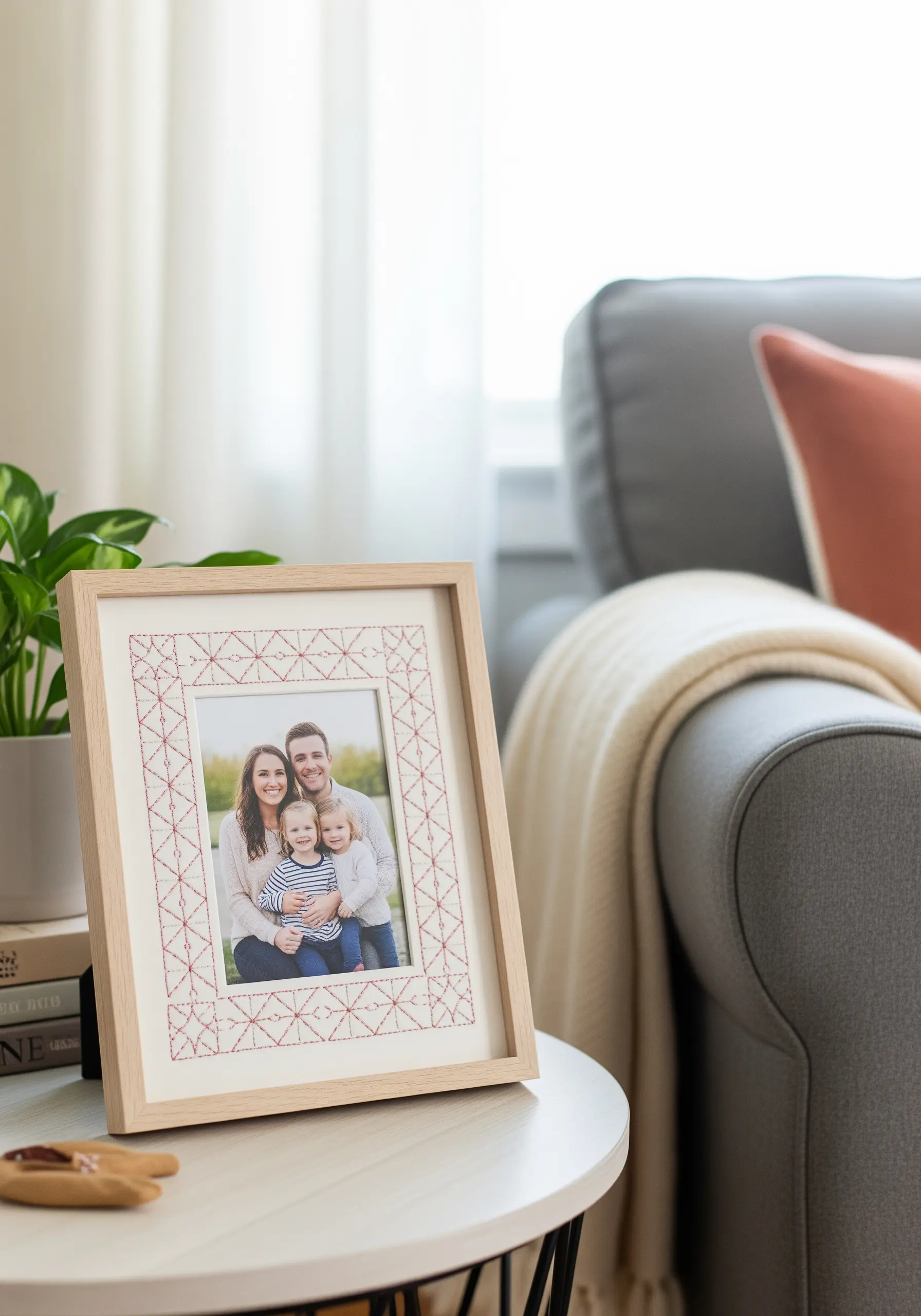 A family photo in a wooden frame with a hand-embroidered border of red starburst stitches on the mat.