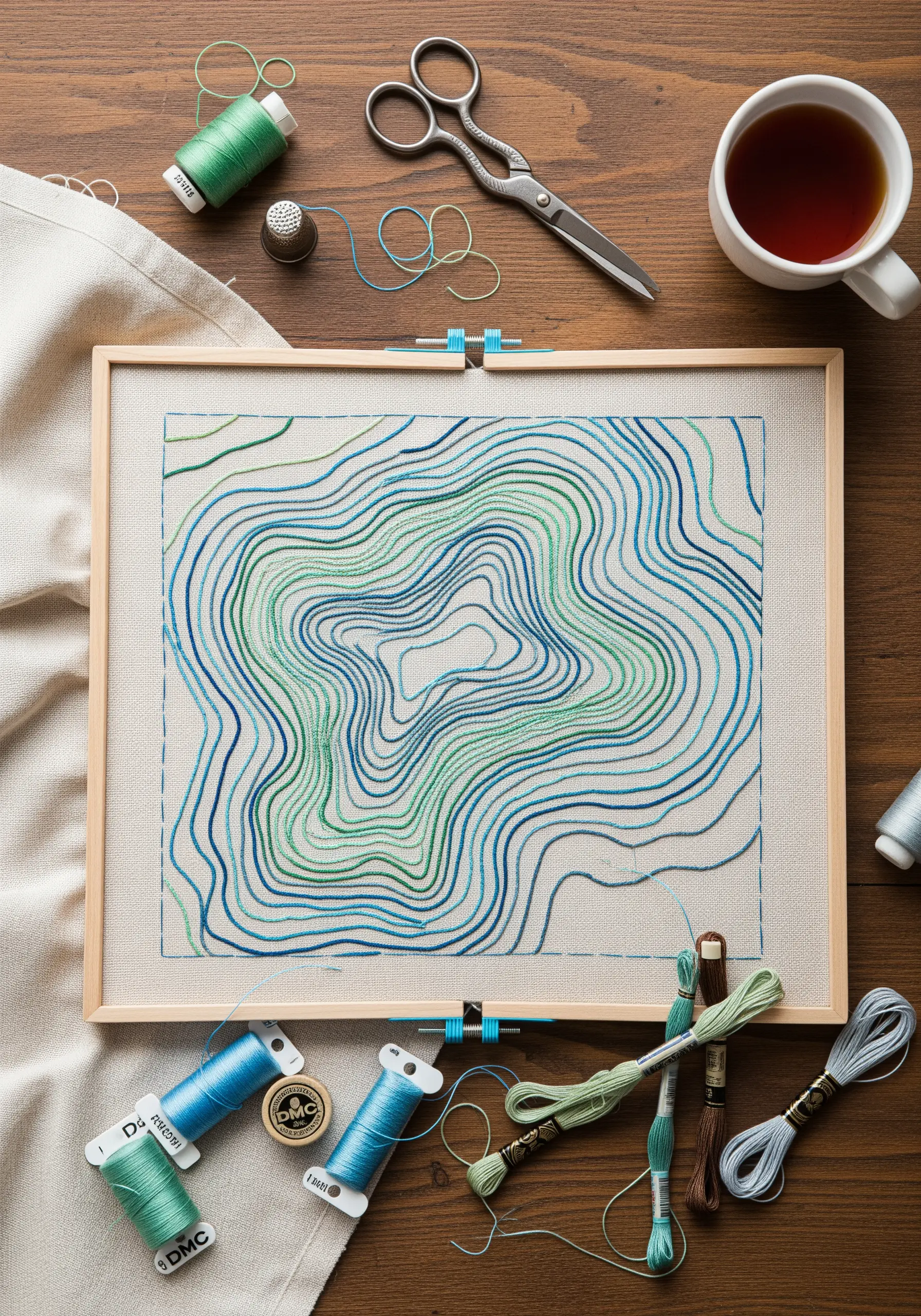 An abstract topographic map design stitched in blue and green variegated thread, framed in a hoop.