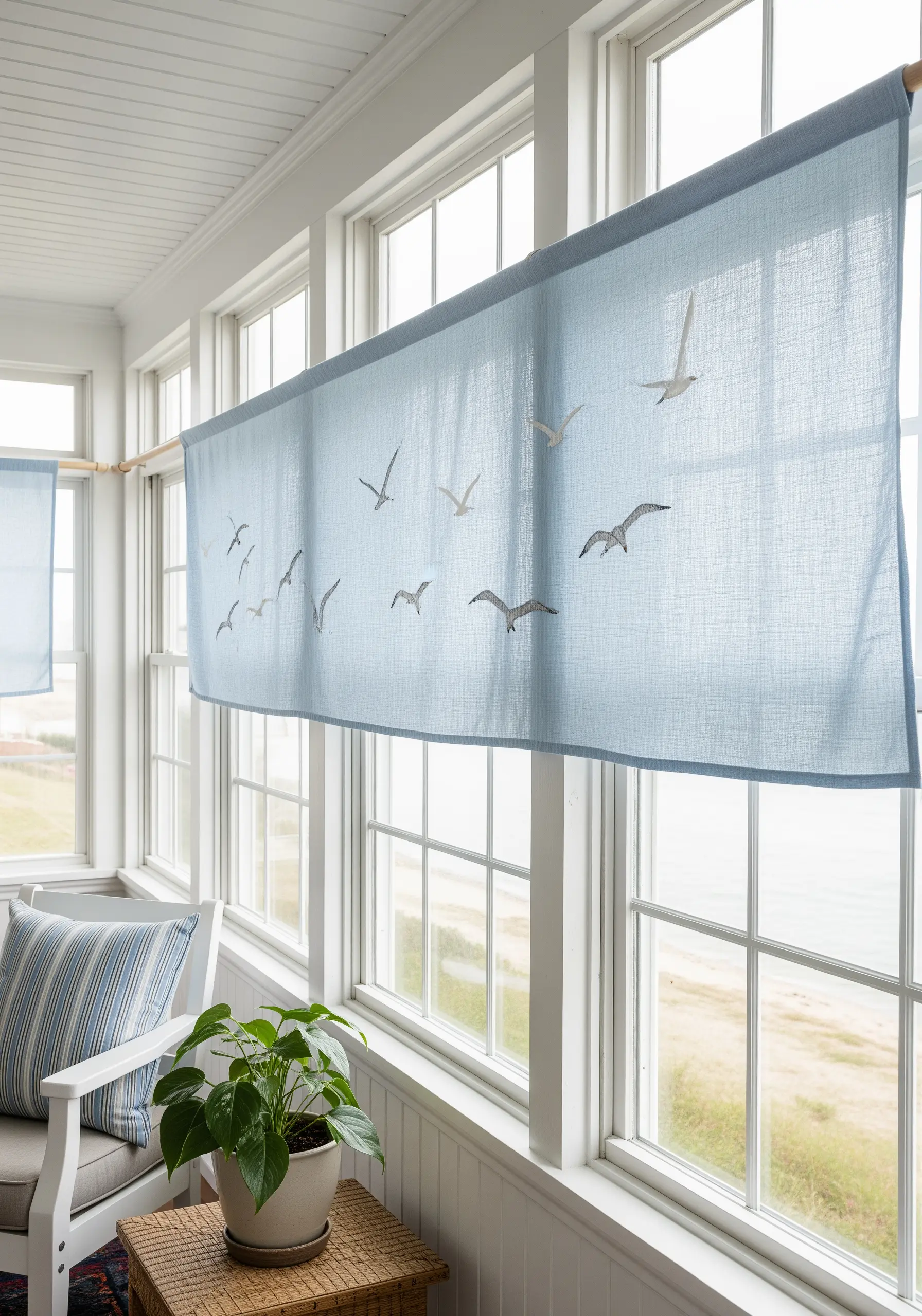 A light blue linen window valance embroidered with delicately stitched flying seagulls.