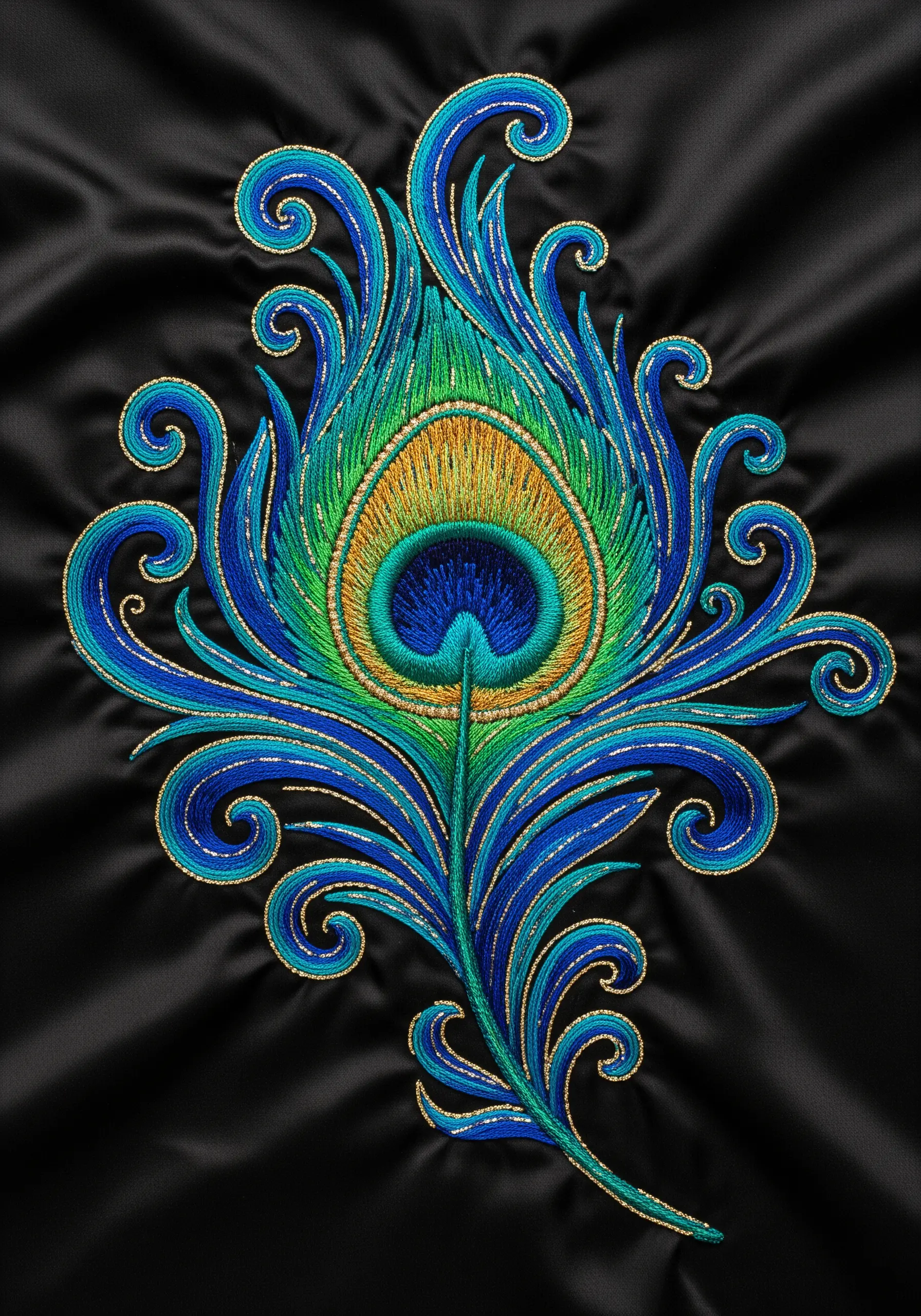A vibrant peacock feather with blue and green gradients, outlined in gold on black satin.
