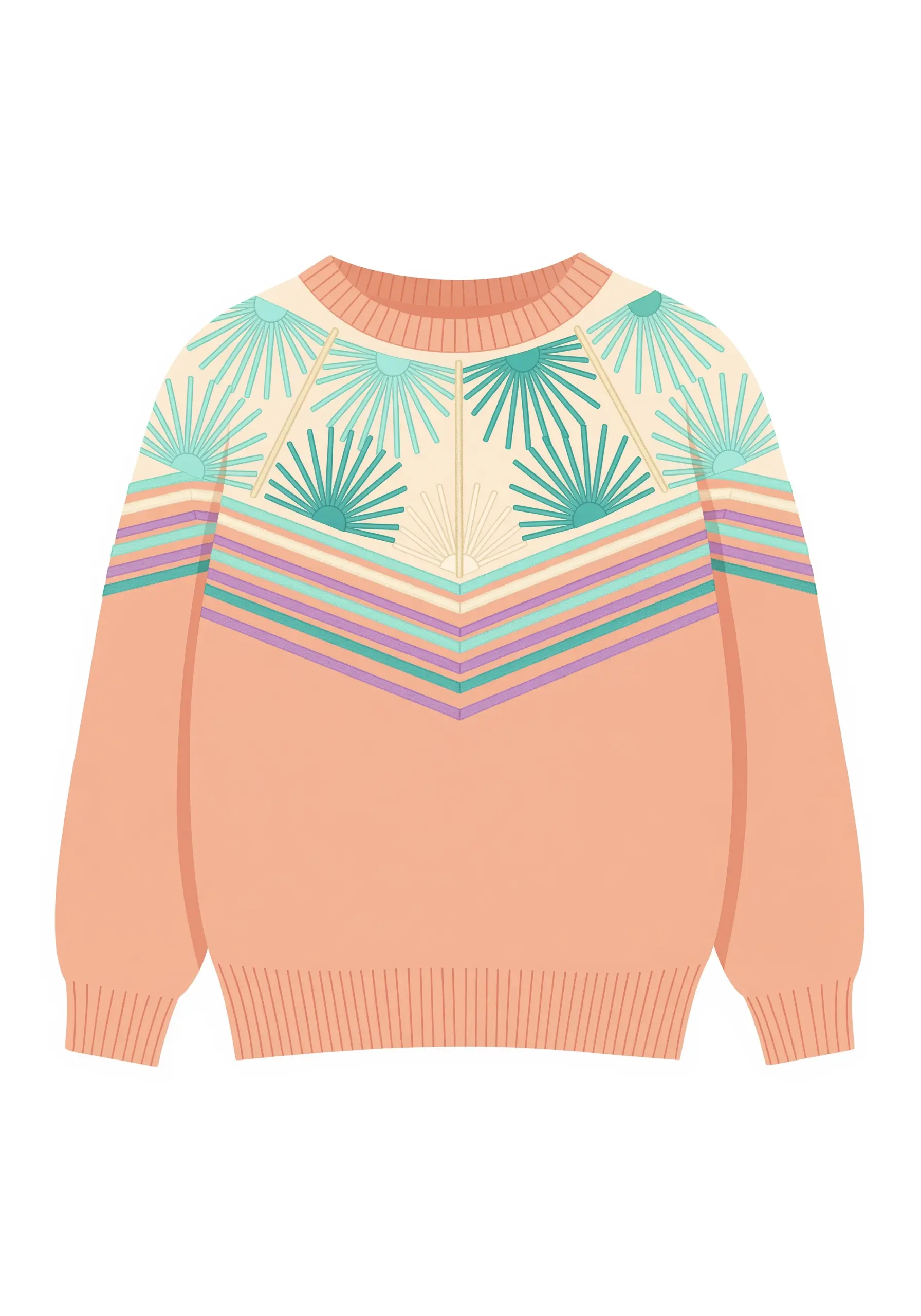 Graphic Art Deco sunbursts embroidered in teal and white on a peach sweater.