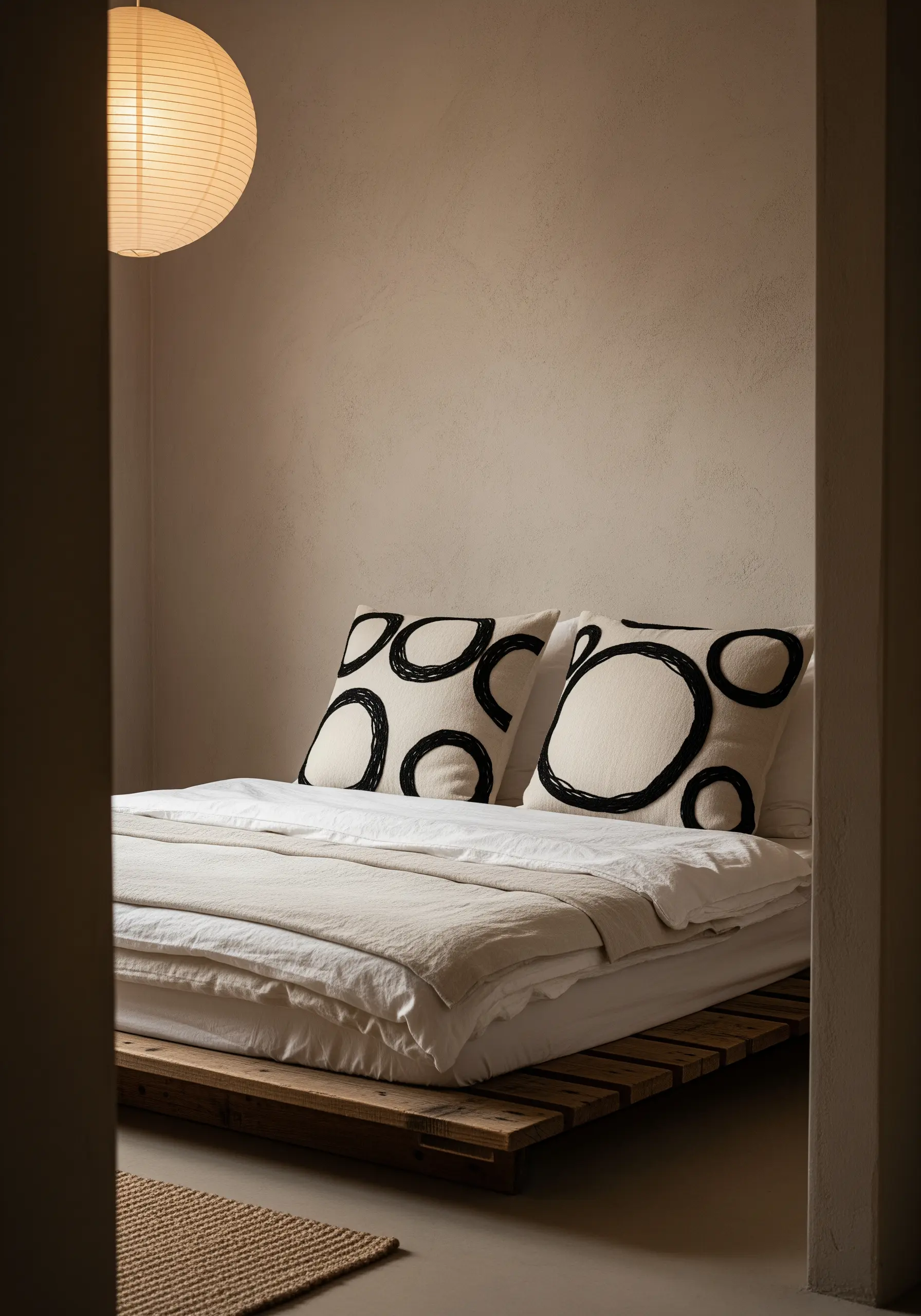 Black abstract circles embroidered in thick satin stitch on off-white pillows.