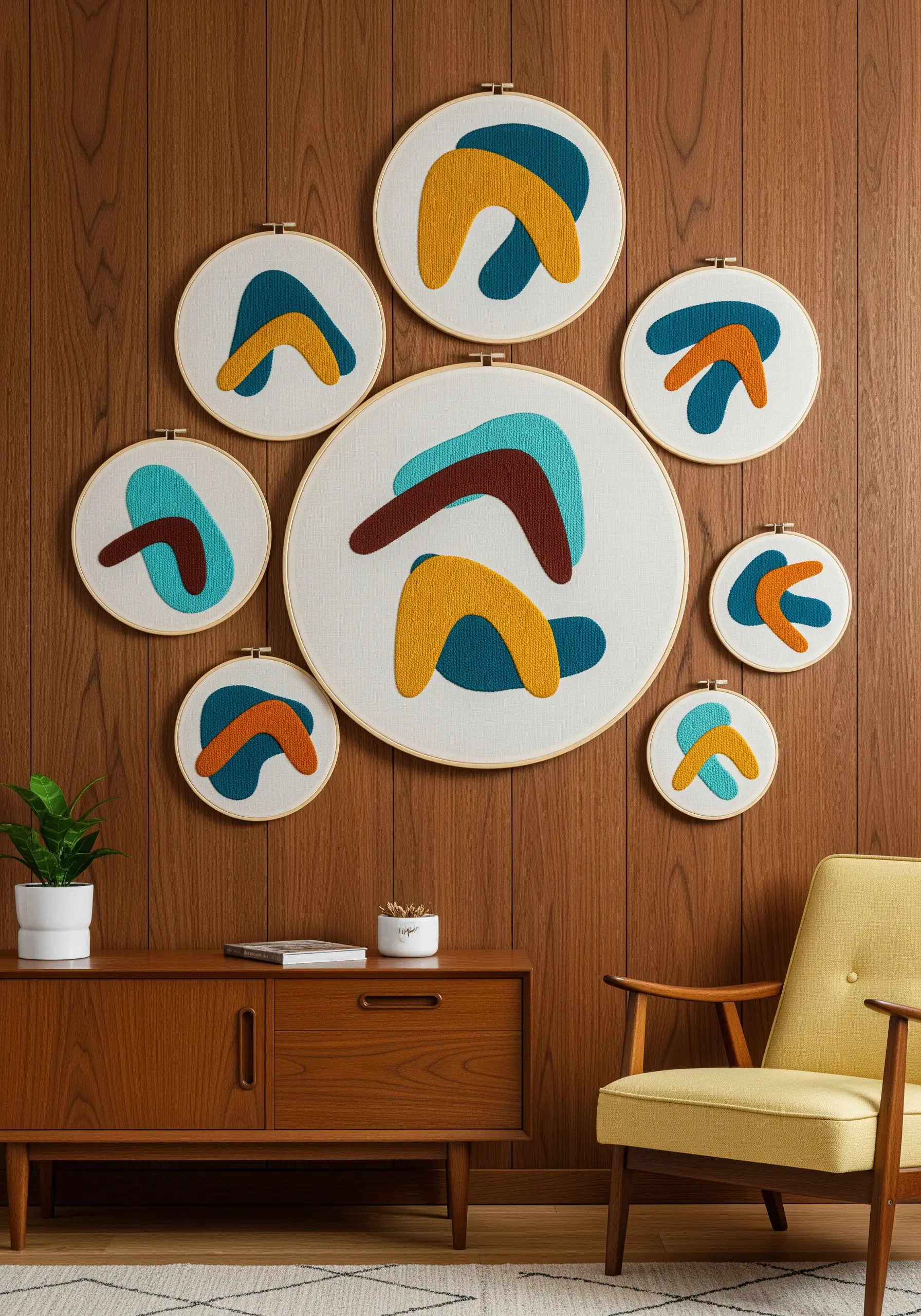 A collection of embroidery hoops with mid-century modern abstract shapes against a wood-paneled wall.