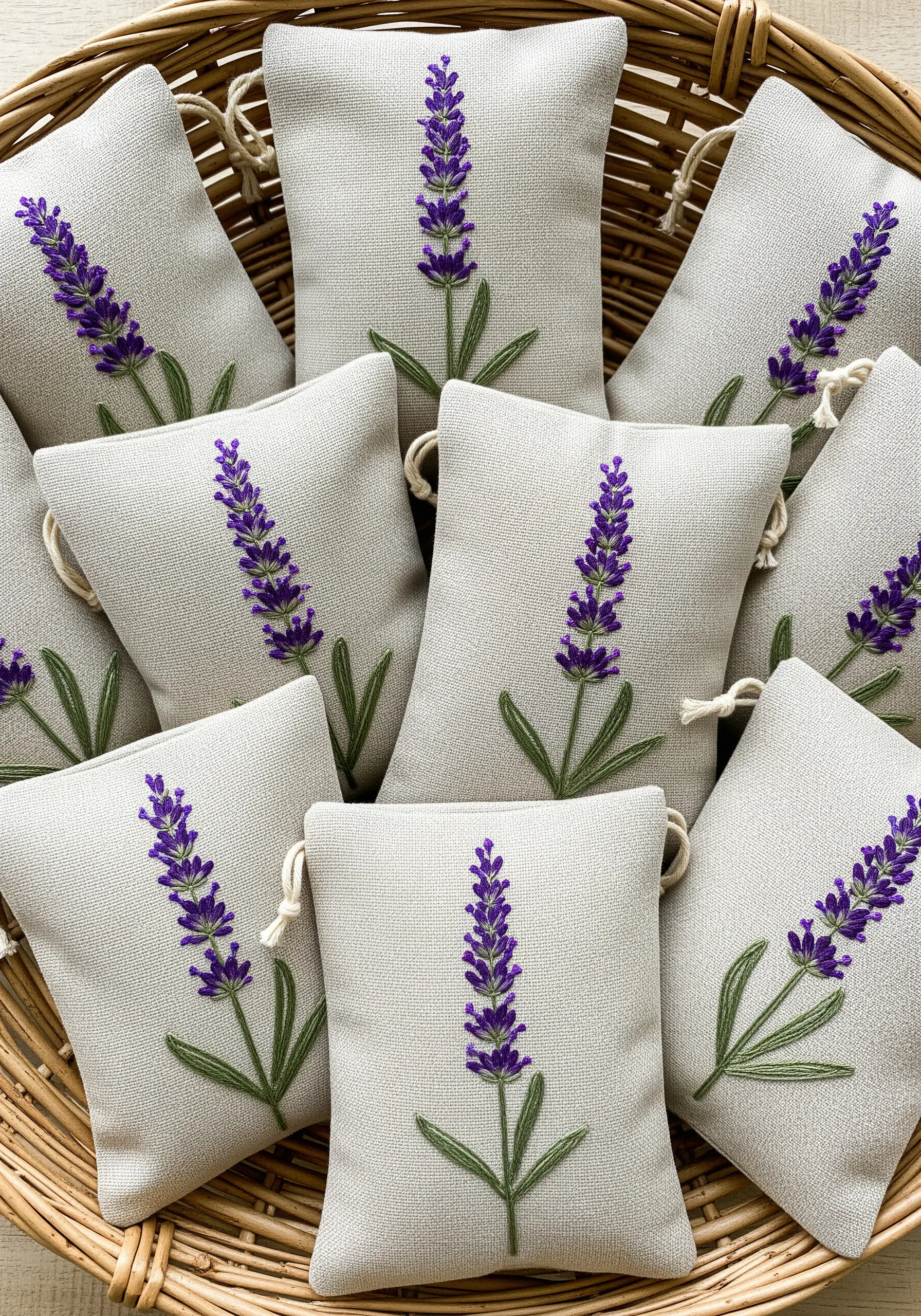 A collection of small linen sachets, each embroidered with a single lavender sprig