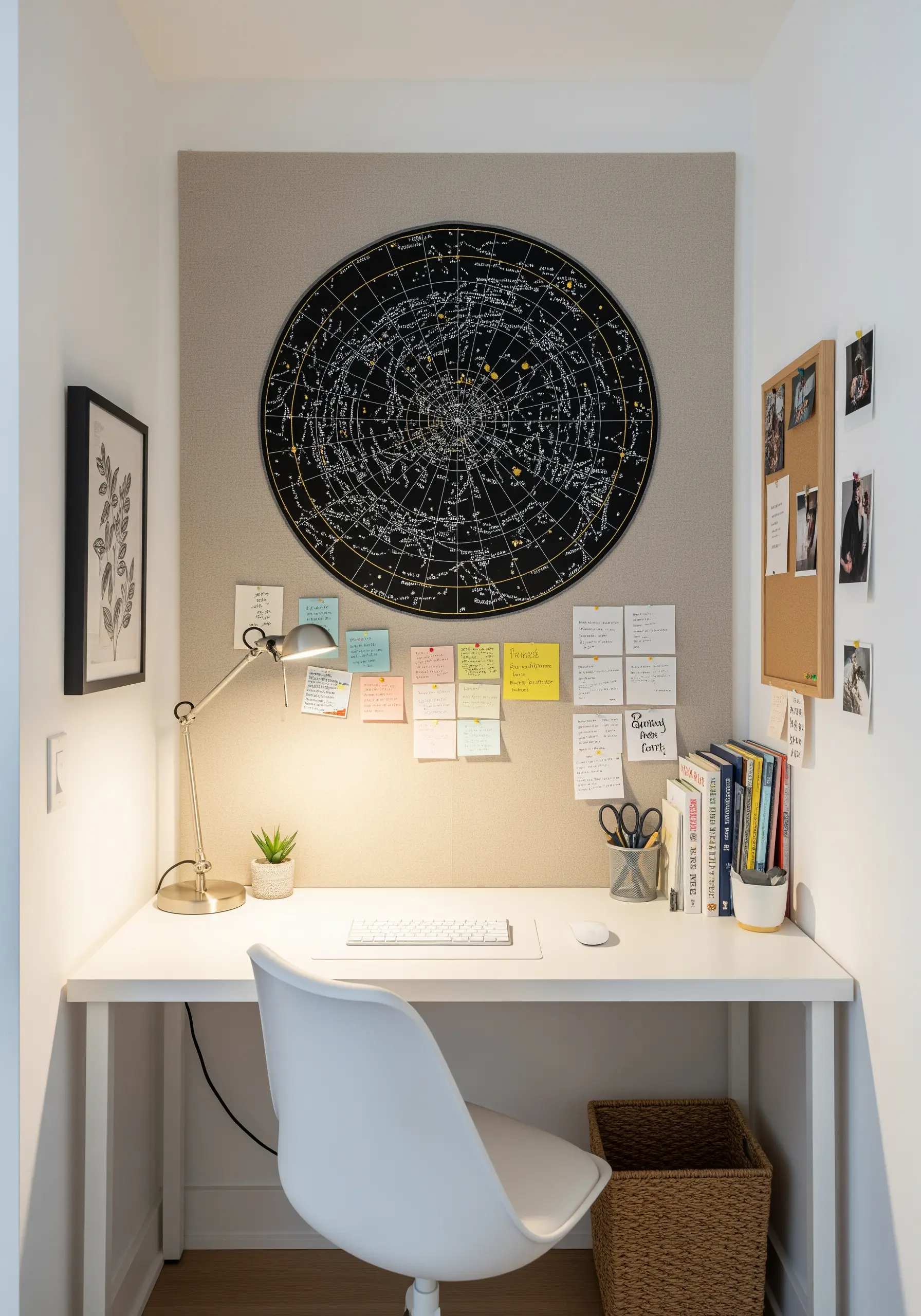 An embroidered star chart mounted on a fabric pinboard above a minimalist white desk.